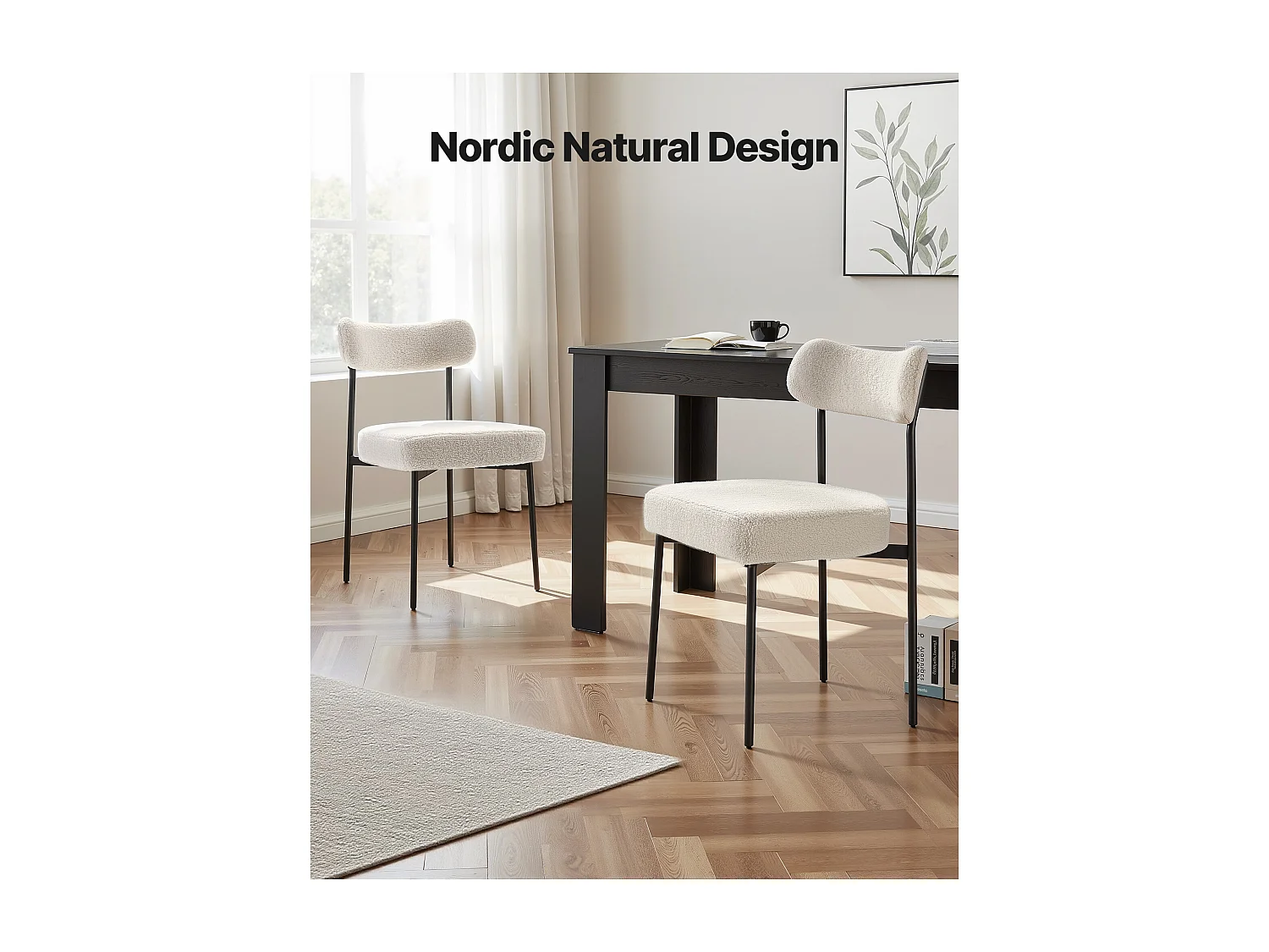 Chaises Salle À Manger Bouclettes SucceBuy, Ensemble Chaises de Cuisine Sherpa 4 Pièces, avec Dossier Incurvé Et Pieds en Métal, pour Table À Manger, Blanc