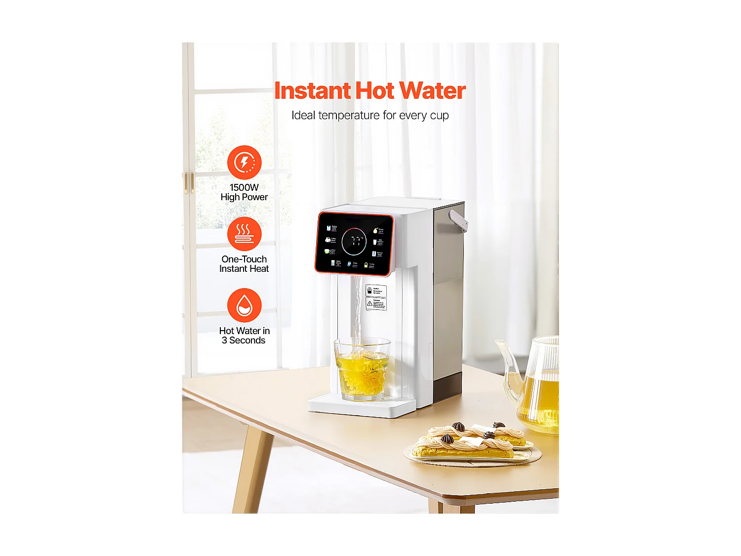 Dystrybutor Wody SucceBuy Gorącej Natychmiastowej na Blat, Fontanna z Gorącą Wodą z Wyjmowanym Zbiornikiem 3 L, 6 Regulowanych Temperatur i 8 Poziomów