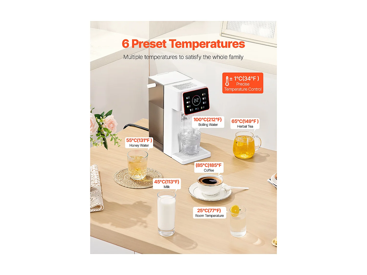 Dystrybutor Wody SucceBuy Gorącej Natychmiastowej na Blat, Fontanna z Gorącą Wodą z Wyjmowanym Zbiornikiem 3 L, 6 Regulowanych Temperatur i 8 Poziomów