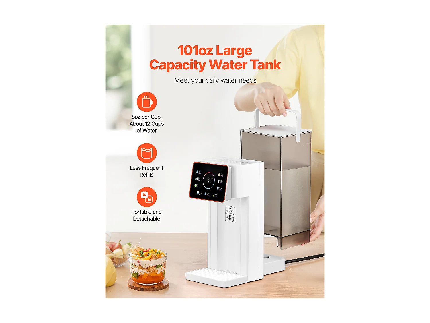 Dystrybutor Wody SucceBuy Gorącej Natychmiastowej na Blat, Fontanna z Gorącą Wodą z Wyjmowanym Zbiornikiem 3 L, 6 Regulowanych Temperatur i 8 Poziomów