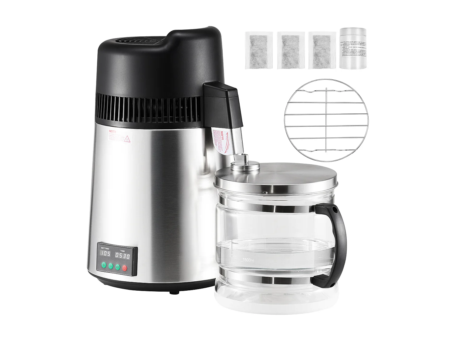 Destilador de Água SucceBuy 6 L, Purificador de Água de Balcão, 900 W, Rendimento 1,3 L/h, em Aço Inoxidável, com Garrafa de Vidro e Acessórios