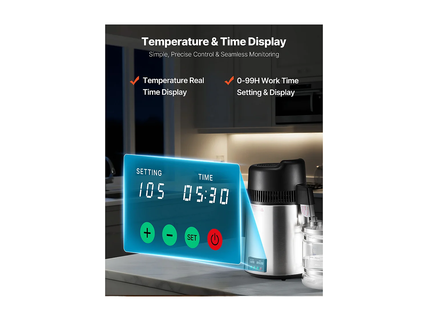 Destilador de Água SucceBuy 6 L, Purificador de Água de Balcão, 900 W, Rendimento 1,3 L/h, em Aço Inoxidável, com Garrafa de Vidro e Acessórios