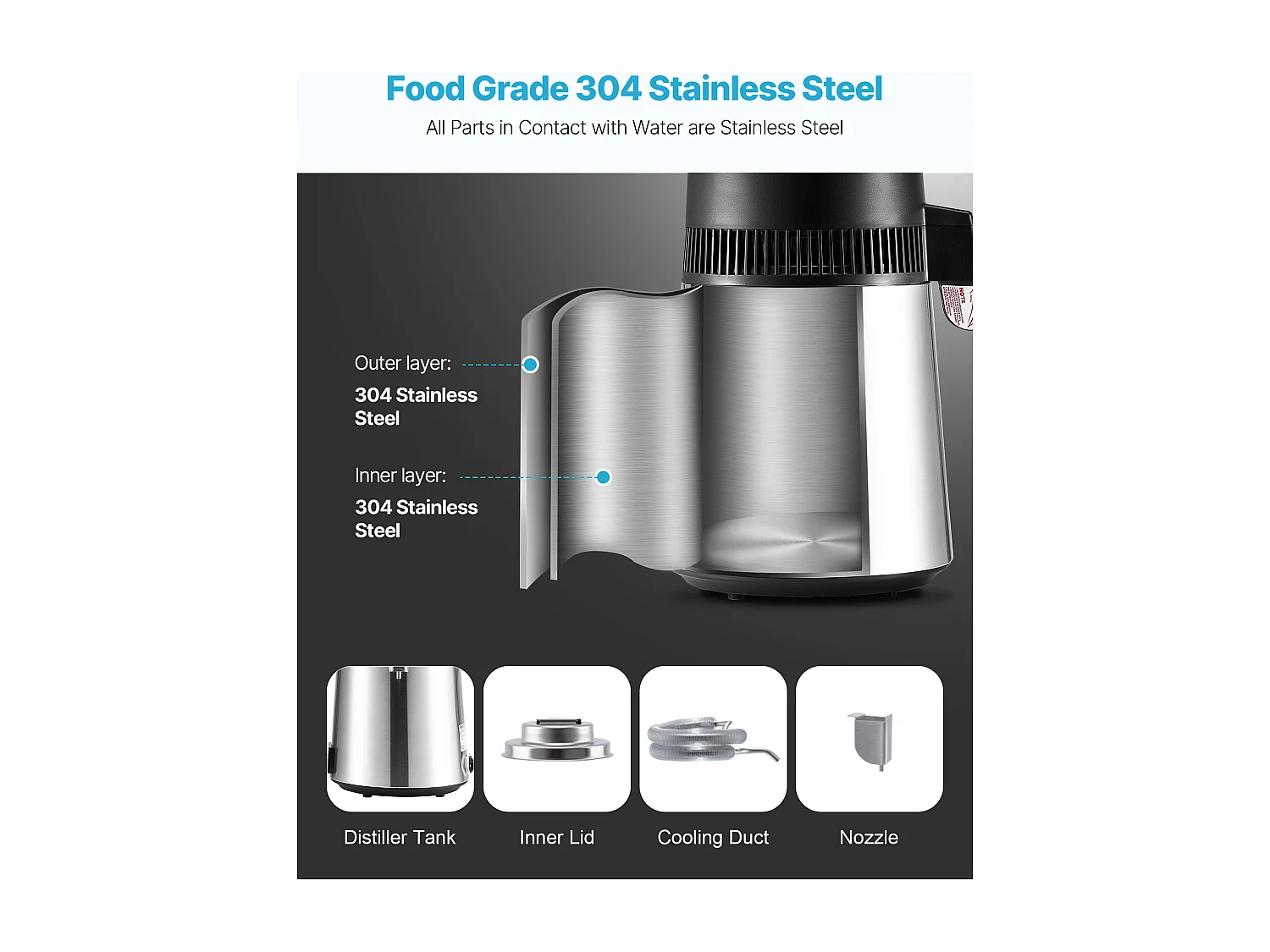 Destilador de Água SucceBuy 6 L, Purificador de Água de Balcão, 900 W, Rendimento 1,3 L/h, em Aço Inoxidável, com Garrafa de Vidro e Acessórios
