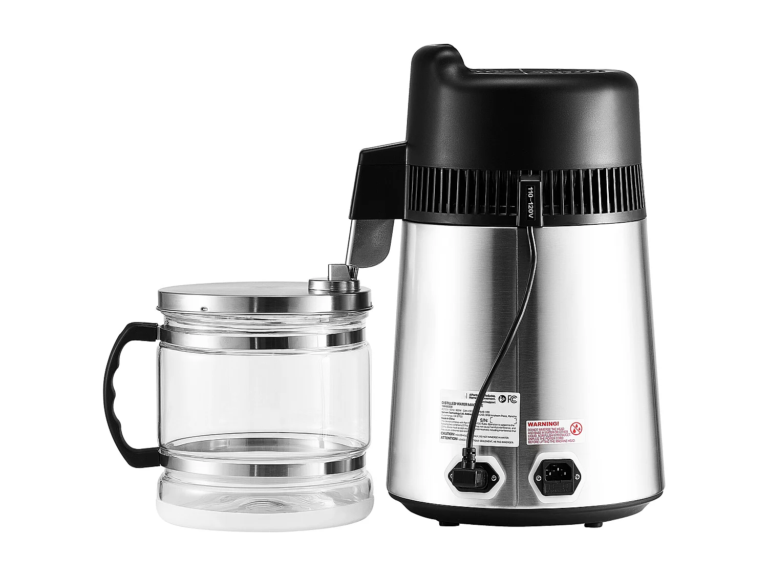 Destilador de Água SucceBuy 6 L, Purificador de Água de Balcão, 900 W, Rendimento 1,3 L/h, em Aço Inoxidável, com Garrafa de Vidro e Acessórios