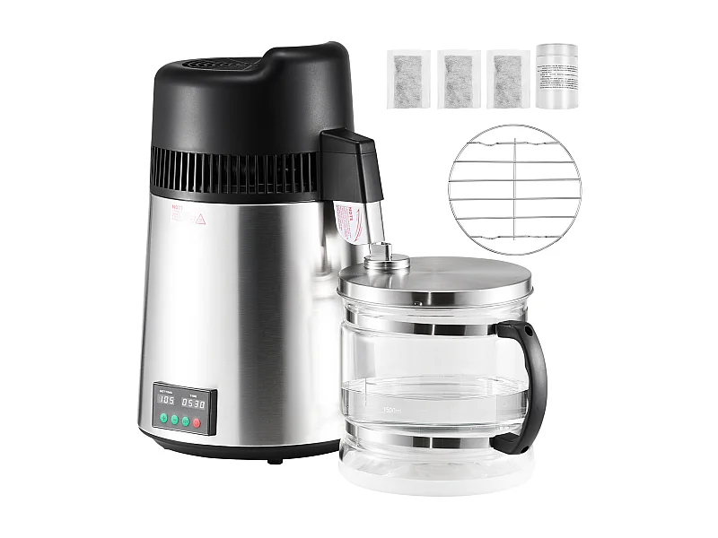 Destilador de Água SucceBuy 6 L, Purificador de Água de Balcão, 900 W, Rendimento 1,3 L/h, em Aço Inoxidável, com Garrafa de Vidro e Acessórios