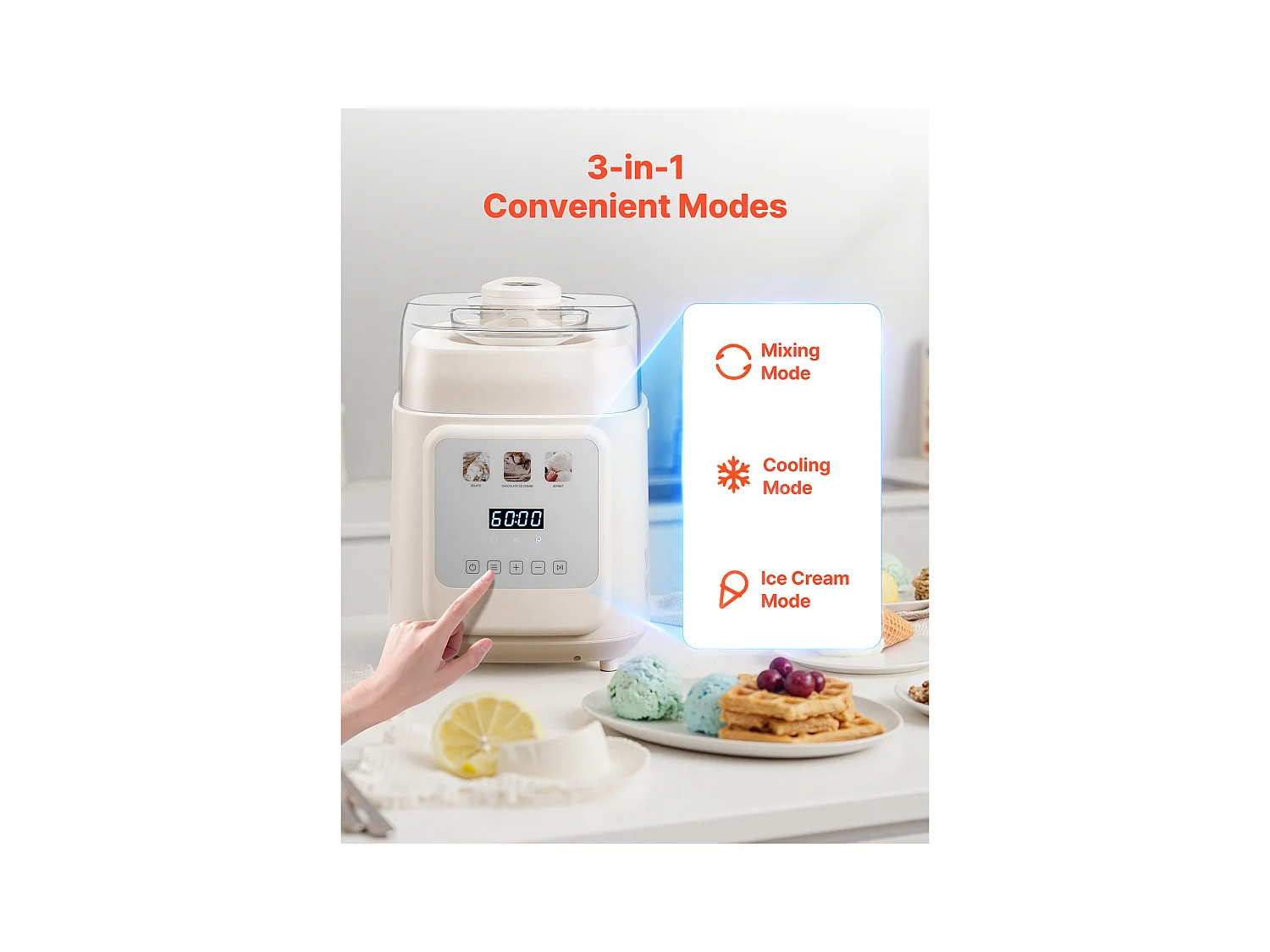 Eismaschine SucceBuy Automatisch Vertikal, Eisturbine für Sorbet Gefrorener Joghurt mit Integriertem Kompressor, Elektrische Eismaschine ohne Vorgefrieren