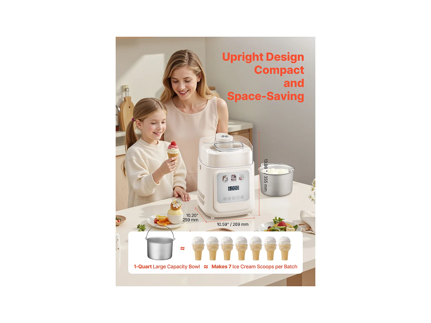 Eismaschine SucceBuy Automatisch Vertikal, Eisturbine für Sorbet Gefrorener Joghurt mit Integriertem Kompressor, Elektrische Eismaschine ohne Vorgefrieren