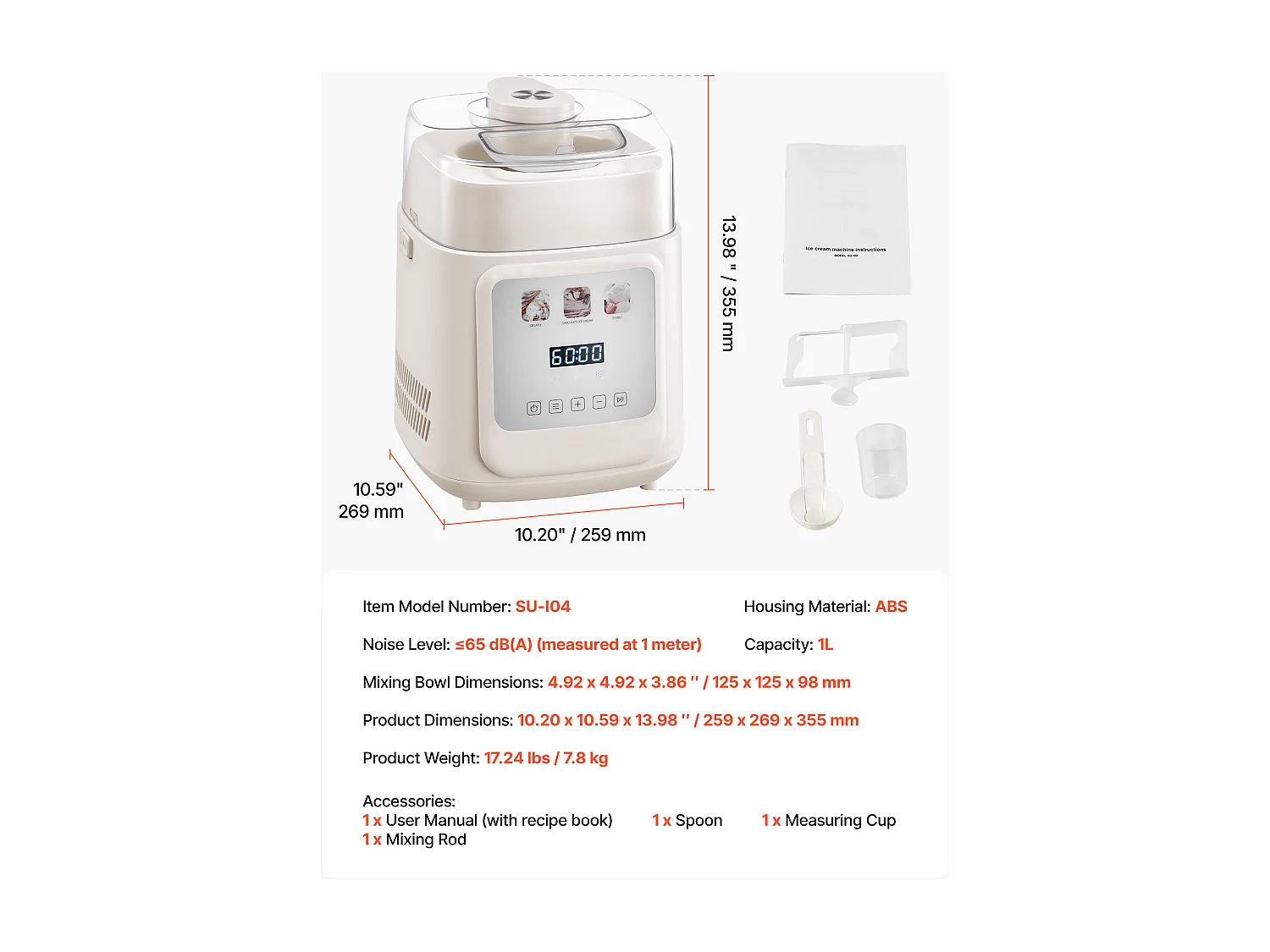 Eismaschine SucceBuy Automatisch Vertikal, Eisturbine für Sorbet Gefrorener Joghurt mit Integriertem Kompressor, Elektrische Eismaschine ohne Vorgefrieren