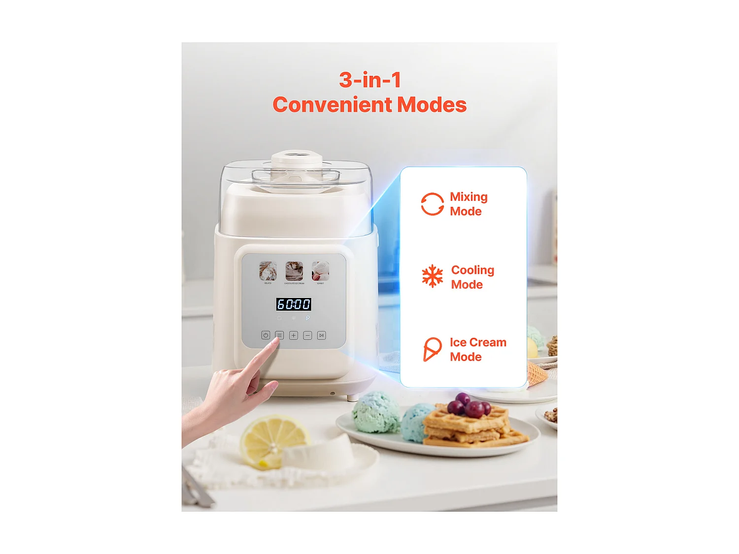 Eismaschine SucceBuy Automatisch Vertikal, Eisturbine für Sorbet Gefrorener Joghurt mit Integriertem Kompressor, Elektrische Eismaschine ohne Vorgefrieren