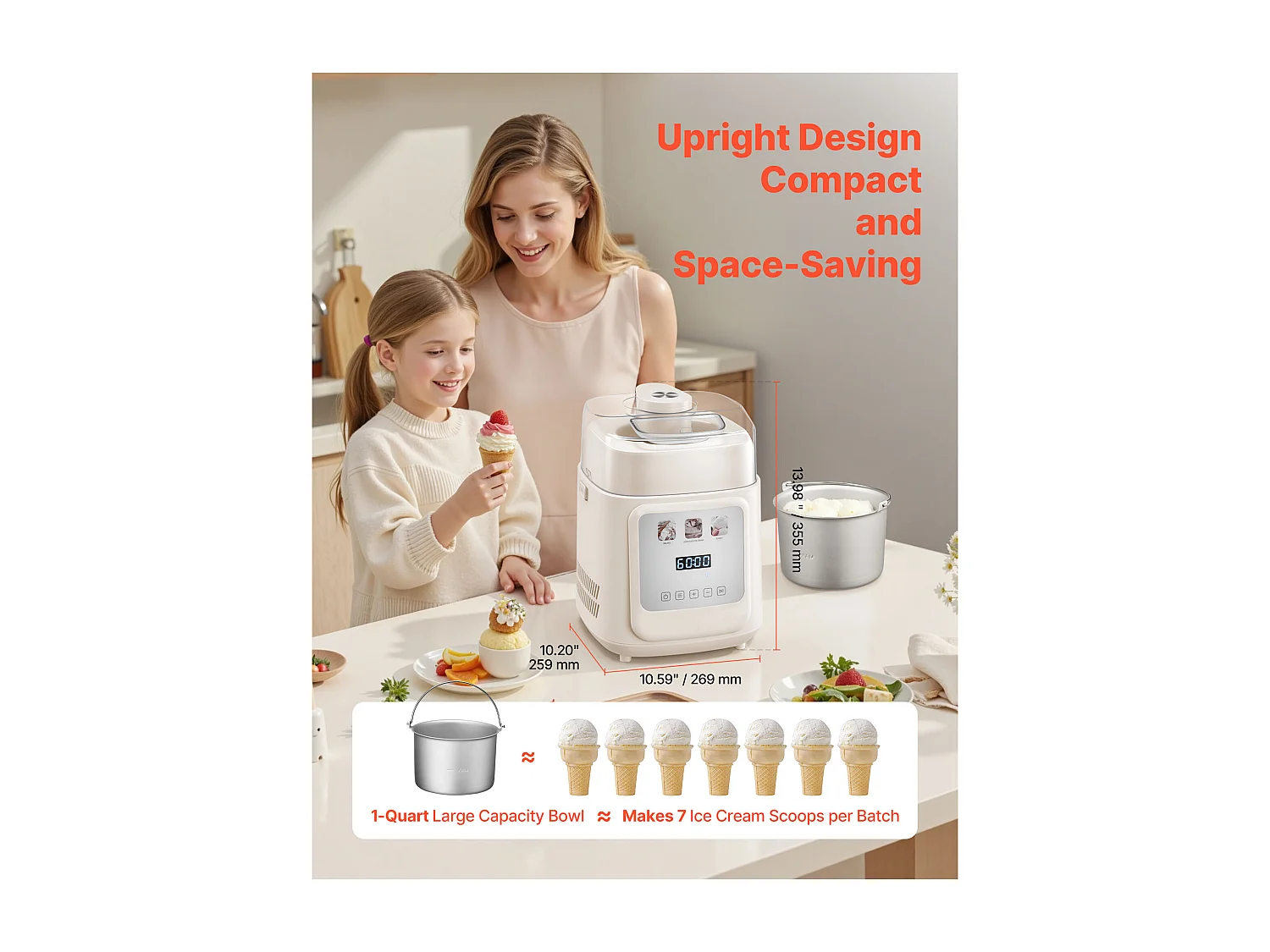 Eismaschine SucceBuy Automatisch Vertikal, Eisturbine für Sorbet Gefrorener Joghurt mit Integriertem Kompressor, Elektrische Eismaschine ohne Vorgefrieren