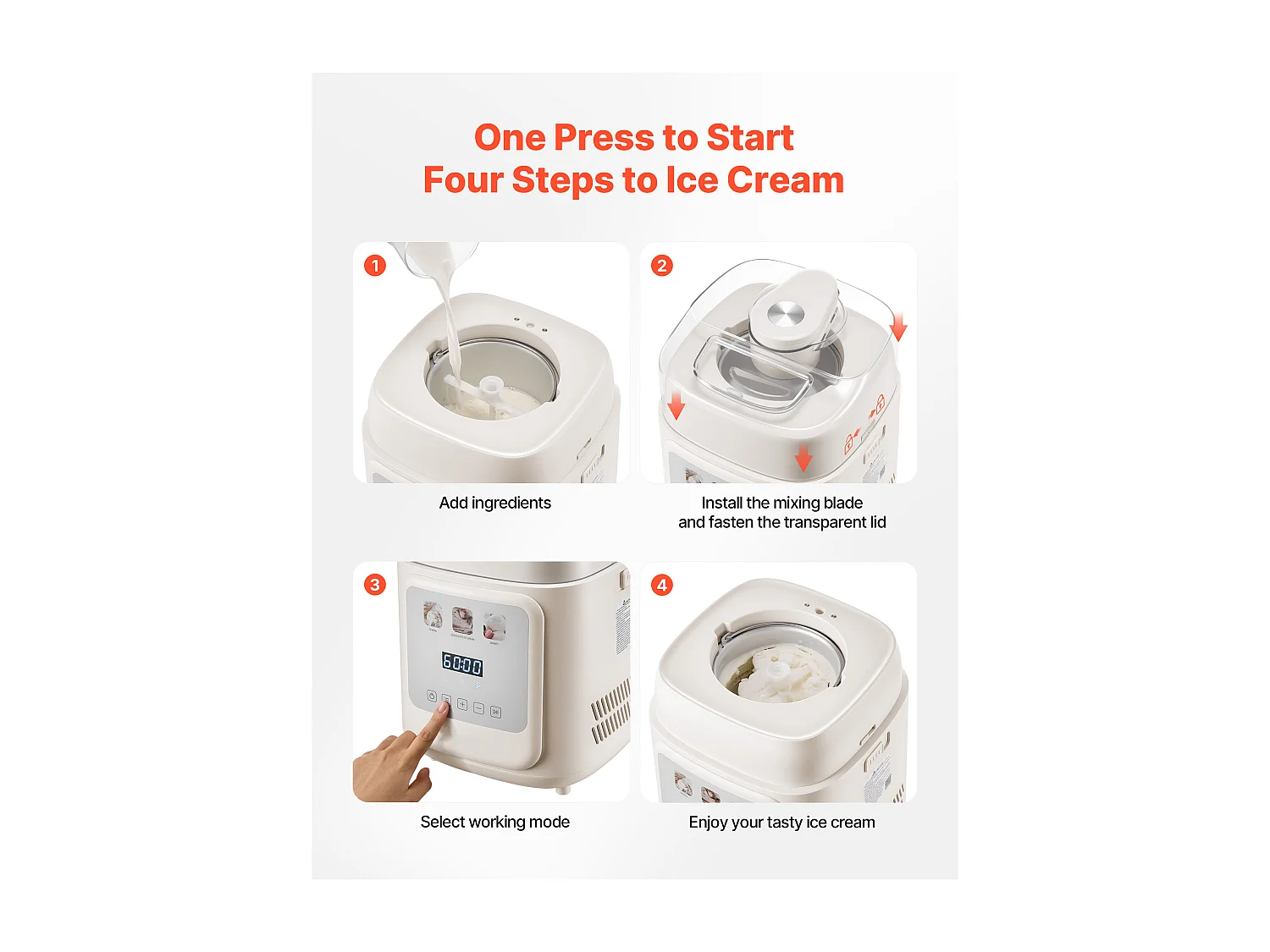 Eismaschine SucceBuy Automatisch Vertikal, Eisturbine für Sorbet Gefrorener Joghurt mit Integriertem Kompressor, Elektrische Eismaschine ohne Vorgefrieren