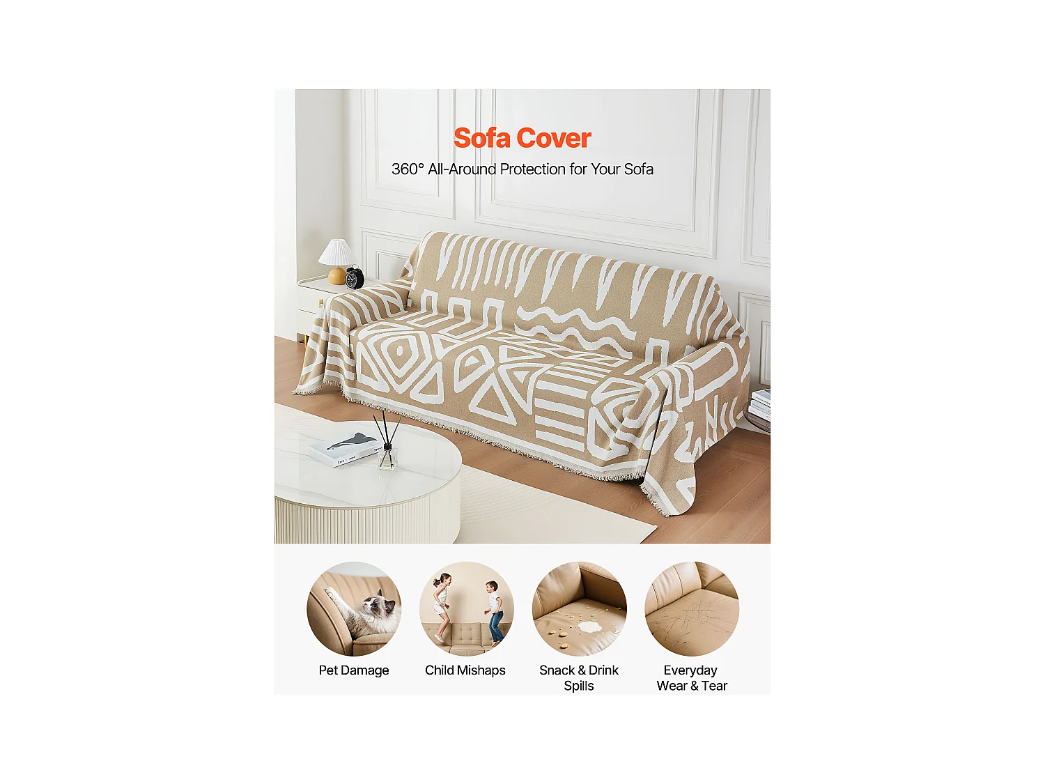 Housse de Canapé SucceBuy de 299 x 181 cm, Couvre Canapé de Style Bohème, Revêtement Antidérapant en Chenille, Lavable et Résistant aux Rayures