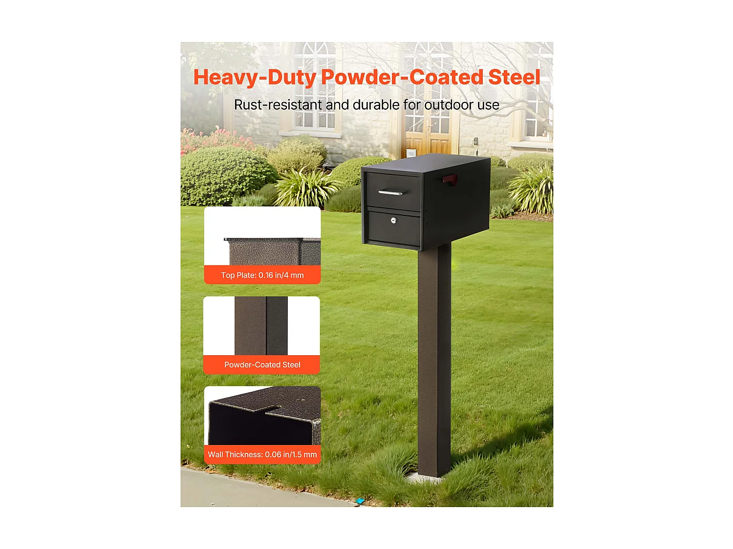 Poste de Buzón SucceBuy, 109,4 x 11 x 11 cm, Soporte de Buzón Empotrado de Acero con Revestimiento en Polvo, Kit de Poste Metálico