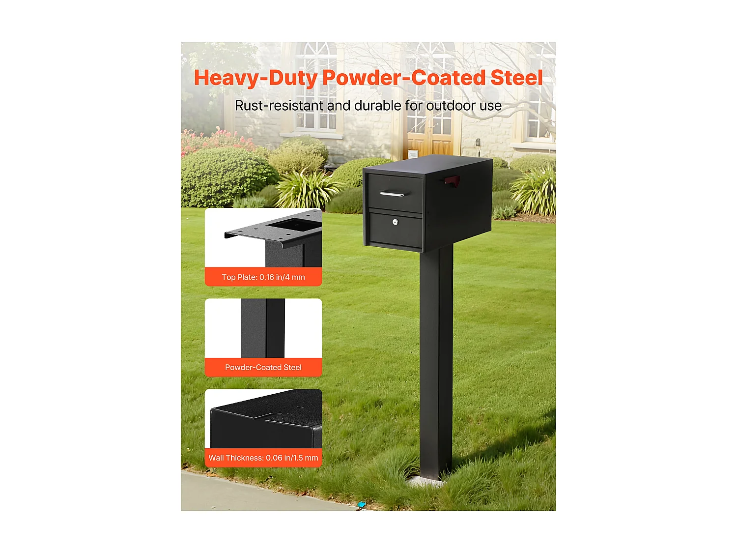 Poste de Caixa de Correio SucceBuy, 109,4 x 30 x 15 cm, Suporte de Caixa de Correio Embutido Aço Revestimento a Pó, com Placa Universal