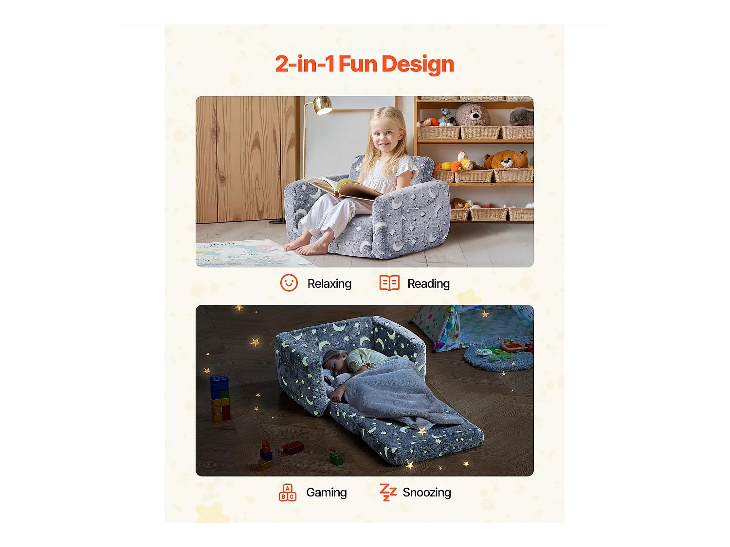 Canapé SucceBuy pour Enfants Convertible, Fauteuil Chaise Longue 2-en-1, Sofa Tout-petits Pliable et Moelleux, Phosphorescent, en Éponge 28D et Peluche