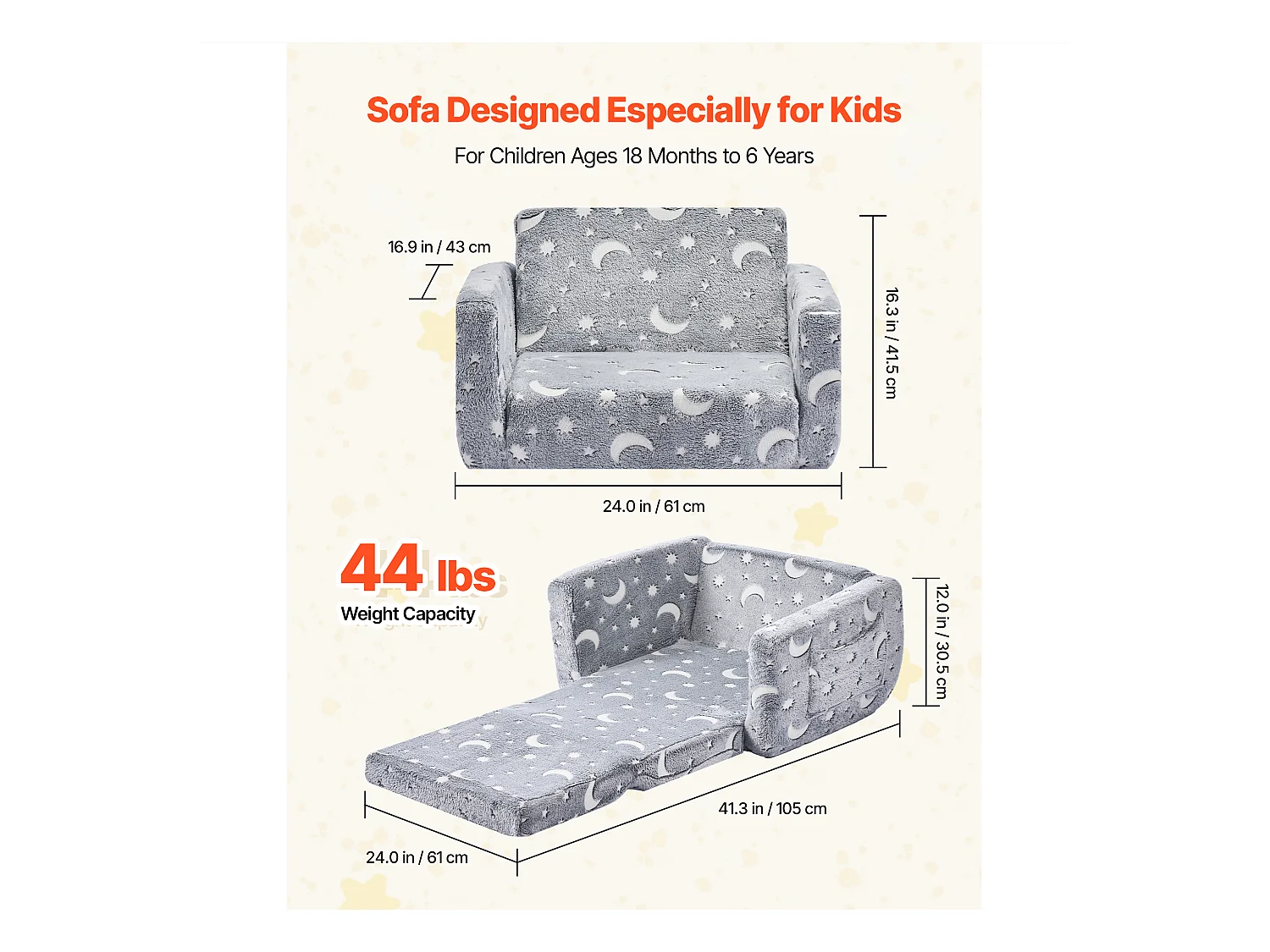 Canapé SucceBuy pour Enfants Convertible, Fauteuil Chaise Longue 2-en-1, Sofa Tout-petits Pliable et Moelleux, Phosphorescent, en Éponge 28D et Peluche