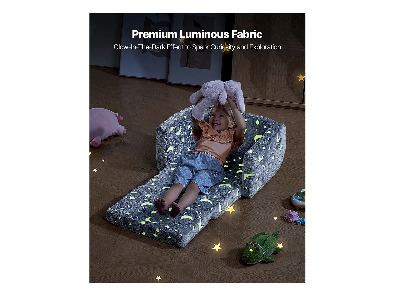 Canapé SucceBuy pour Enfants Convertible, Fauteuil Chaise Longue 2-en-1, Sofa Tout-petits Pliable et Moelleux, Phosphorescent, en Éponge 28D et Peluche