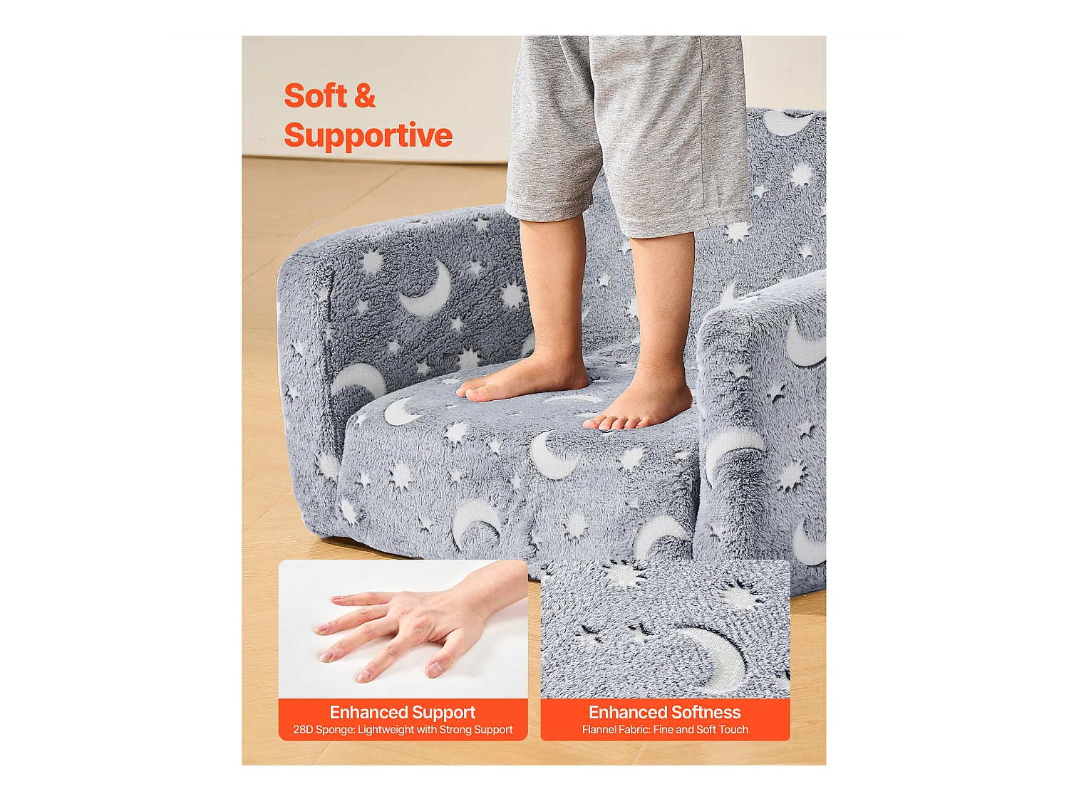 Canapé SucceBuy pour Enfants Convertible, Fauteuil Chaise Longue 2-en-1, Sofa Tout-petits Pliable et Moelleux, Phosphorescent, en Éponge 28D et Peluche