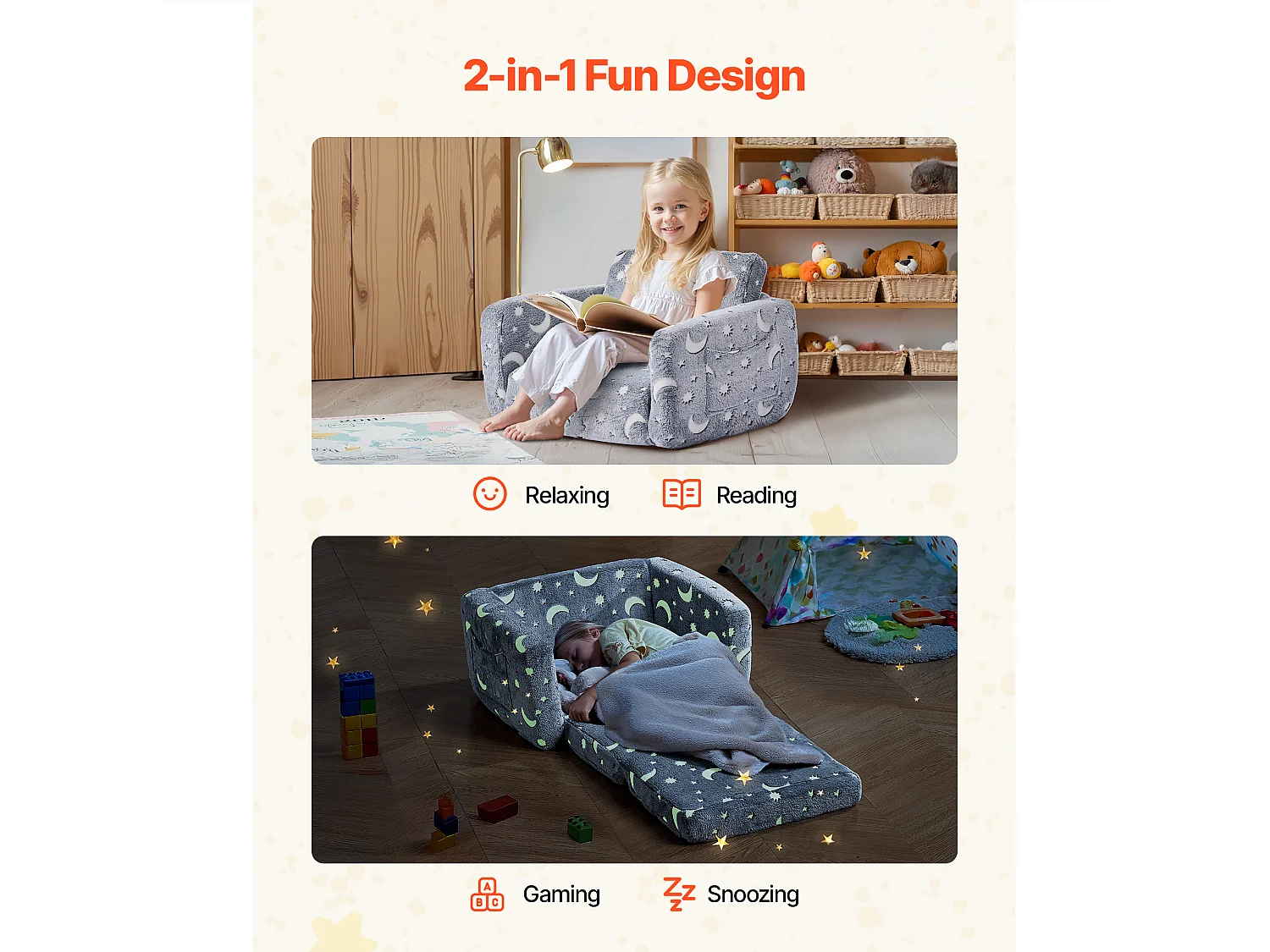 Kinder Sofa SucceBuy Verstellbar, Sessel Liege 2-in-1, Klappbares und Weiches Kleinkinder Sofa, Phosphoreszierend, aus 28D Schwamm und Plüsch