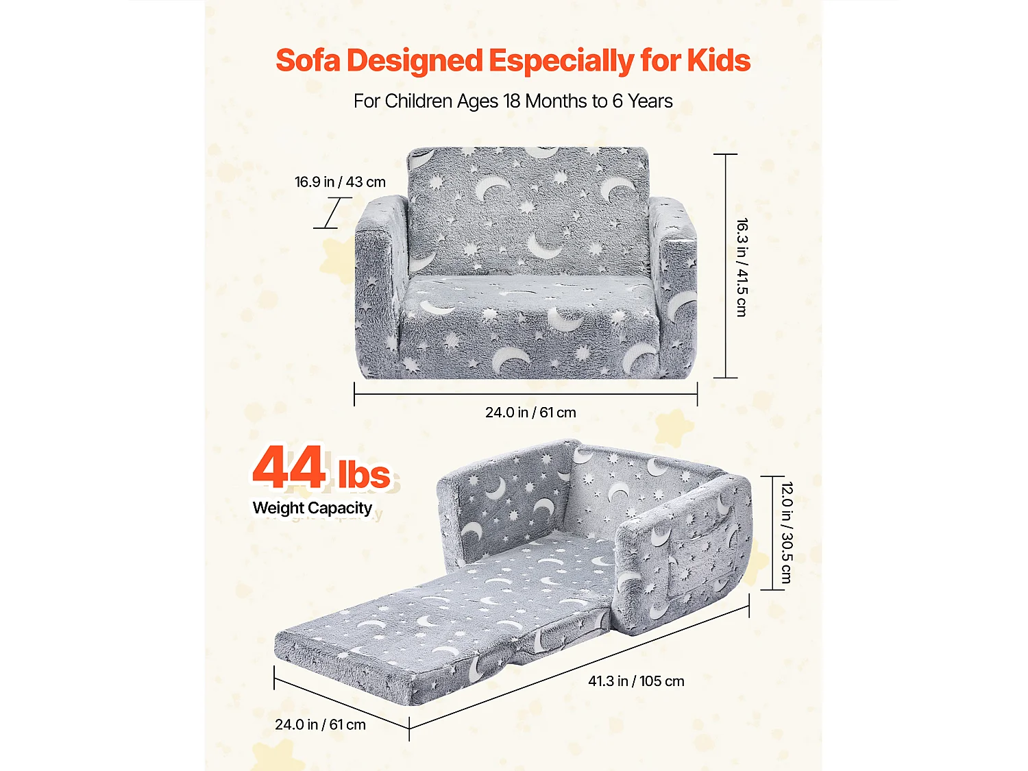 Kinder Sofa SucceBuy Verstellbar, Sessel Liege 2-in-1, Klappbares und Weiches Kleinkinder Sofa, Phosphoreszierend, aus 28D Schwamm und Plüsch