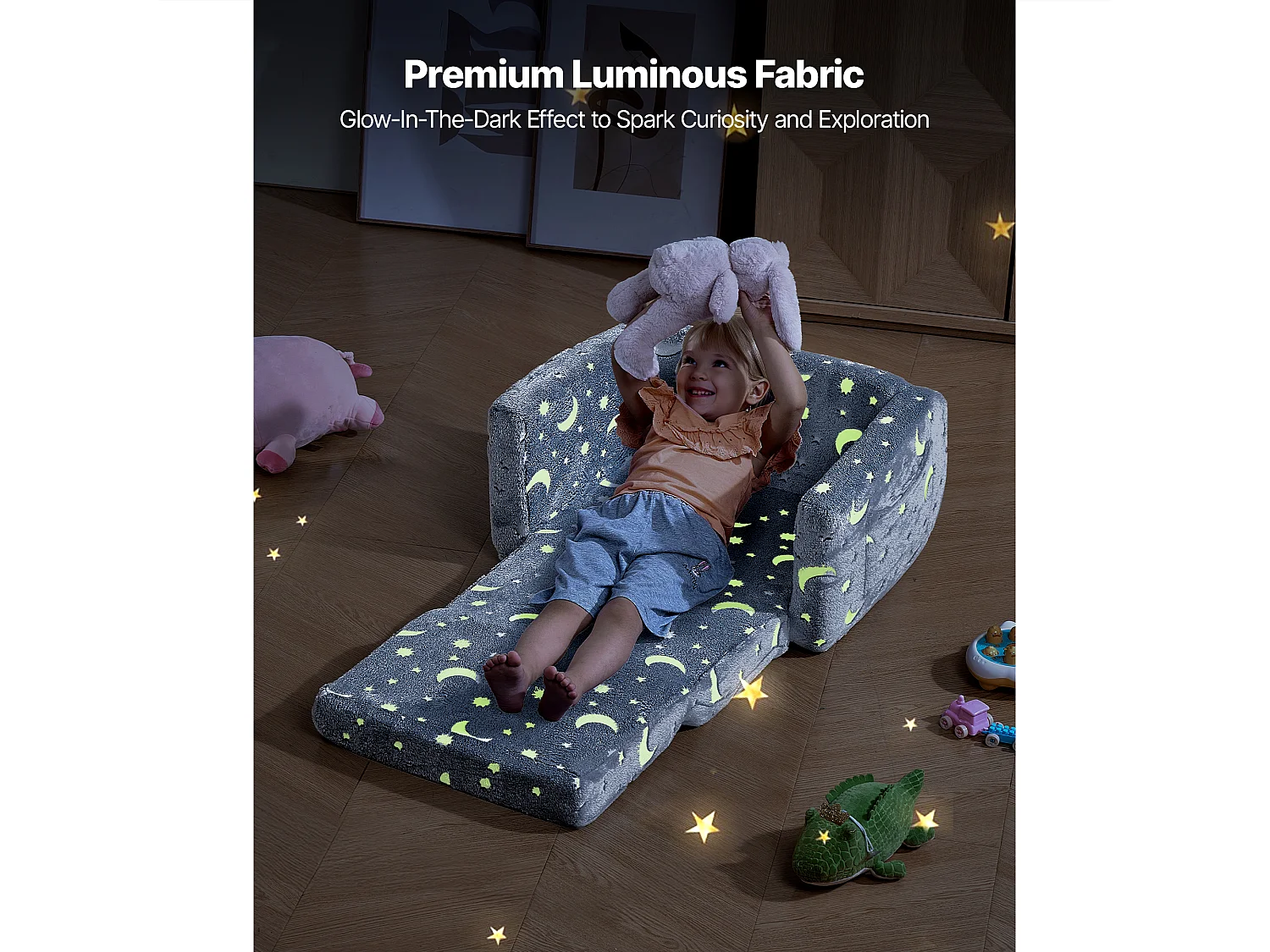 Kinder Sofa SucceBuy Verstellbar, Sessel Liege 2-in-1, Klappbares und Weiches Kleinkinder Sofa, Phosphoreszierend, aus 28D Schwamm und Plüsch