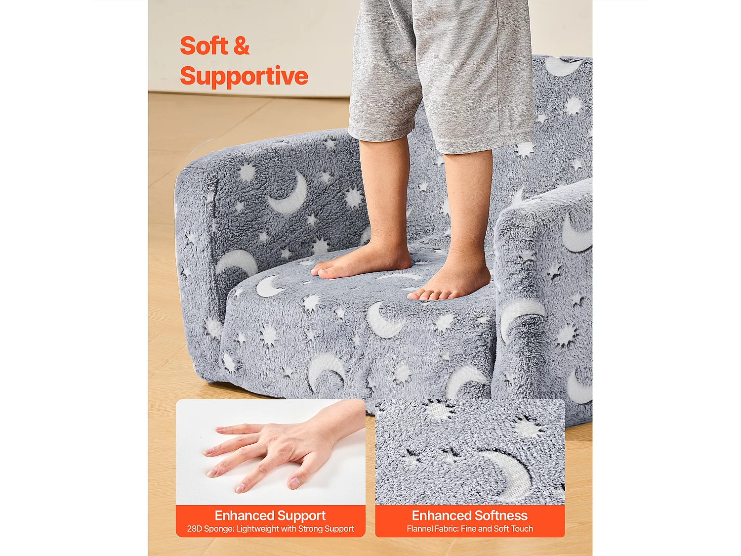 Kinder Sofa SucceBuy Verstellbar, Sessel Liege 2-in-1, Klappbares und Weiches Kleinkinder Sofa, Phosphoreszierend, aus 28D Schwamm und Plüsch