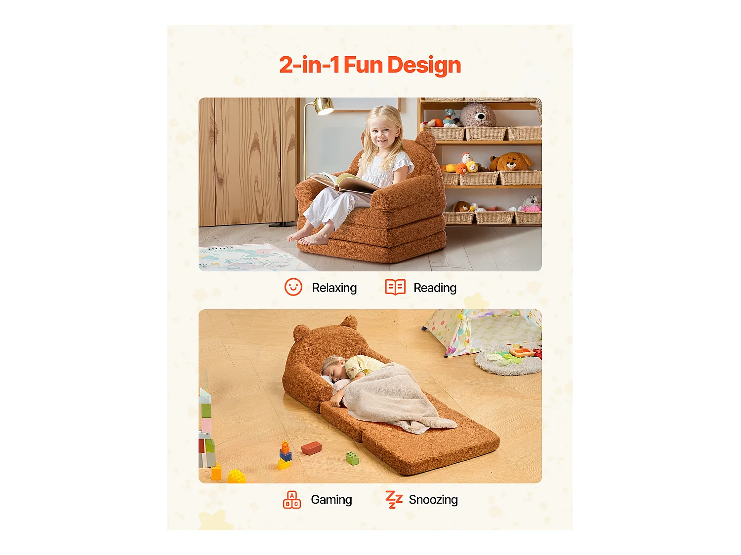 Fauteuil SucceBuy pour Enfants Convertible 2-en-1, Canapé-lit Pliable et Moelleux, avec Accoudoirs, en Éponge 28D et Polaire Bouclette, Sofa Tout-petits