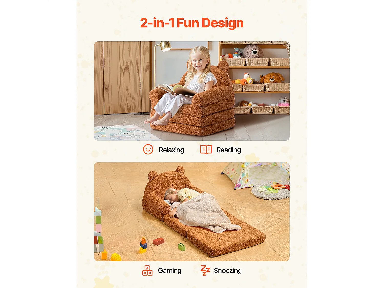 Kinderstoel SucceBuy Verstelbaar 2-in-1, Opvouwbare en Zachte Bank Bed, met Armleuningen, van 28D Spons en Fleece, Peuter Bankje