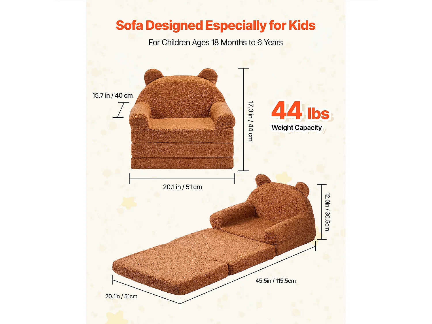 Kinderstoel SucceBuy Verstelbaar 2-in-1, Opvouwbare en Zachte Bank Bed, met Armleuningen, van 28D Spons en Fleece, Peuter Bankje