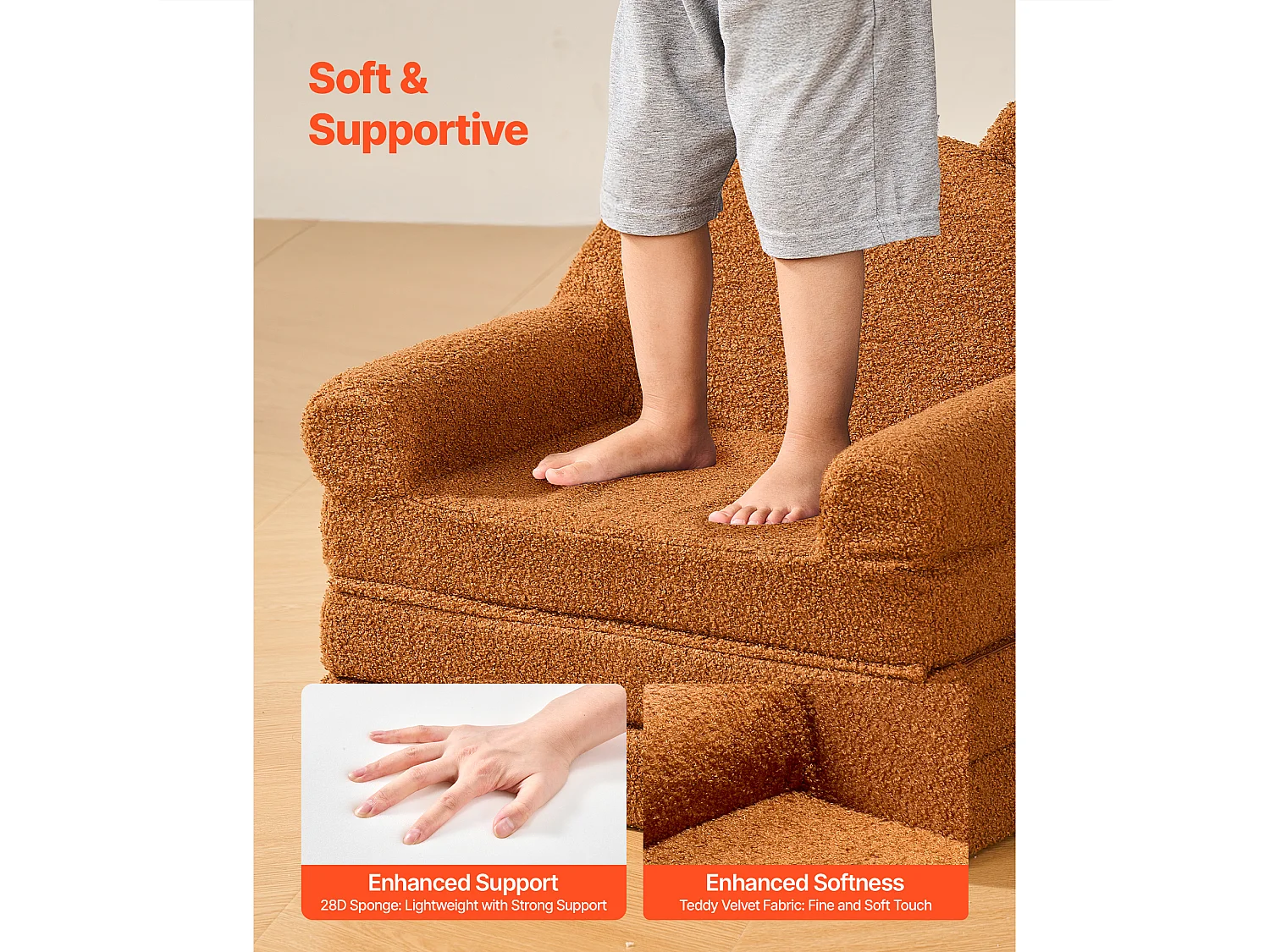 Kinderstoel SucceBuy Verstelbaar 2-in-1, Opvouwbare en Zachte Bank Bed, met Armleuningen, van 28D Spons en Fleece, Peuter Bankje