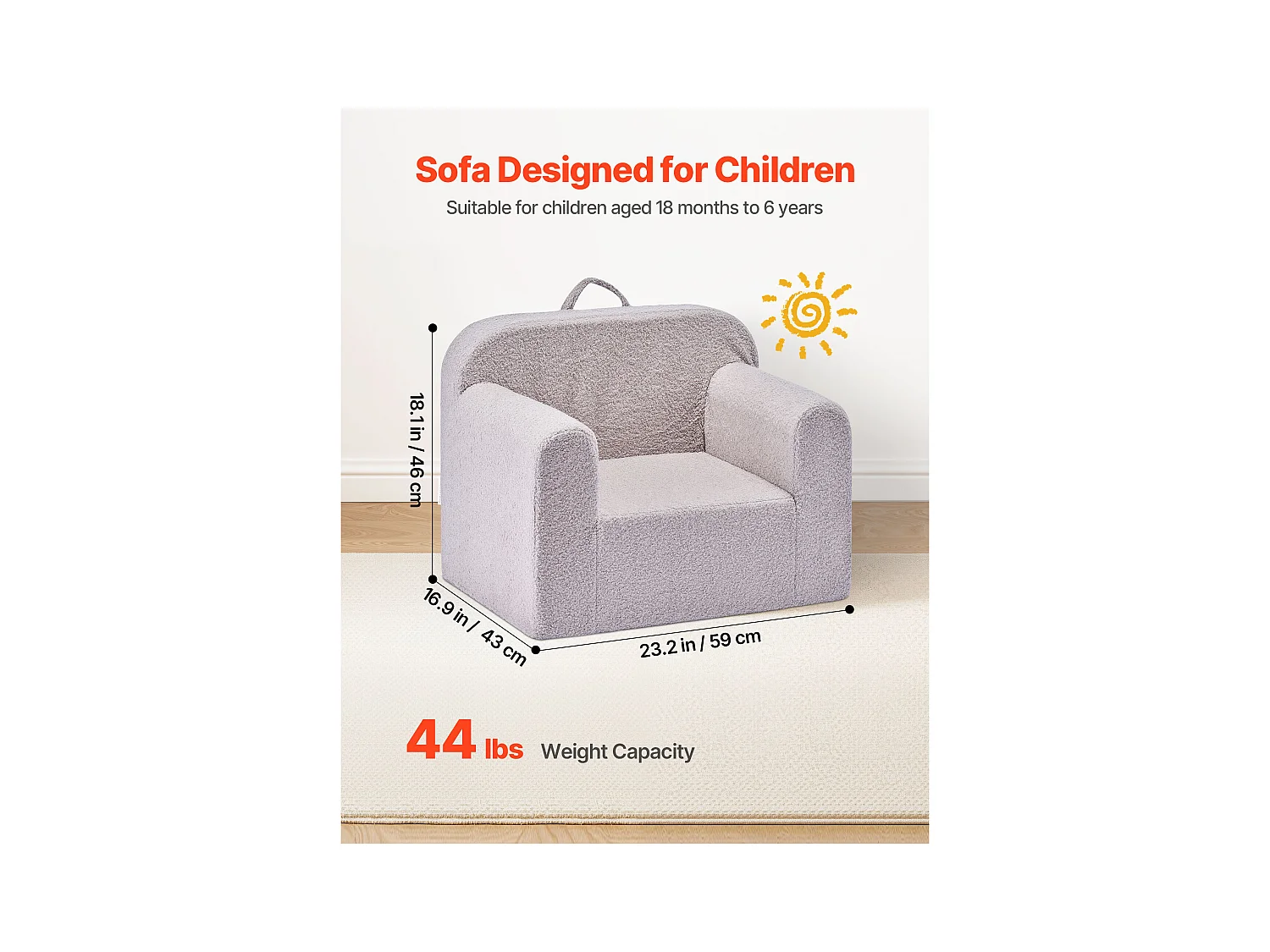 Fauteuil SucceBuy pour Enfants Confortable, Chaise Enfant en Mousse avec Accoudoirs et Poignée, Sofa Tout-petits Amovible, en Éponge 28D et Peluche