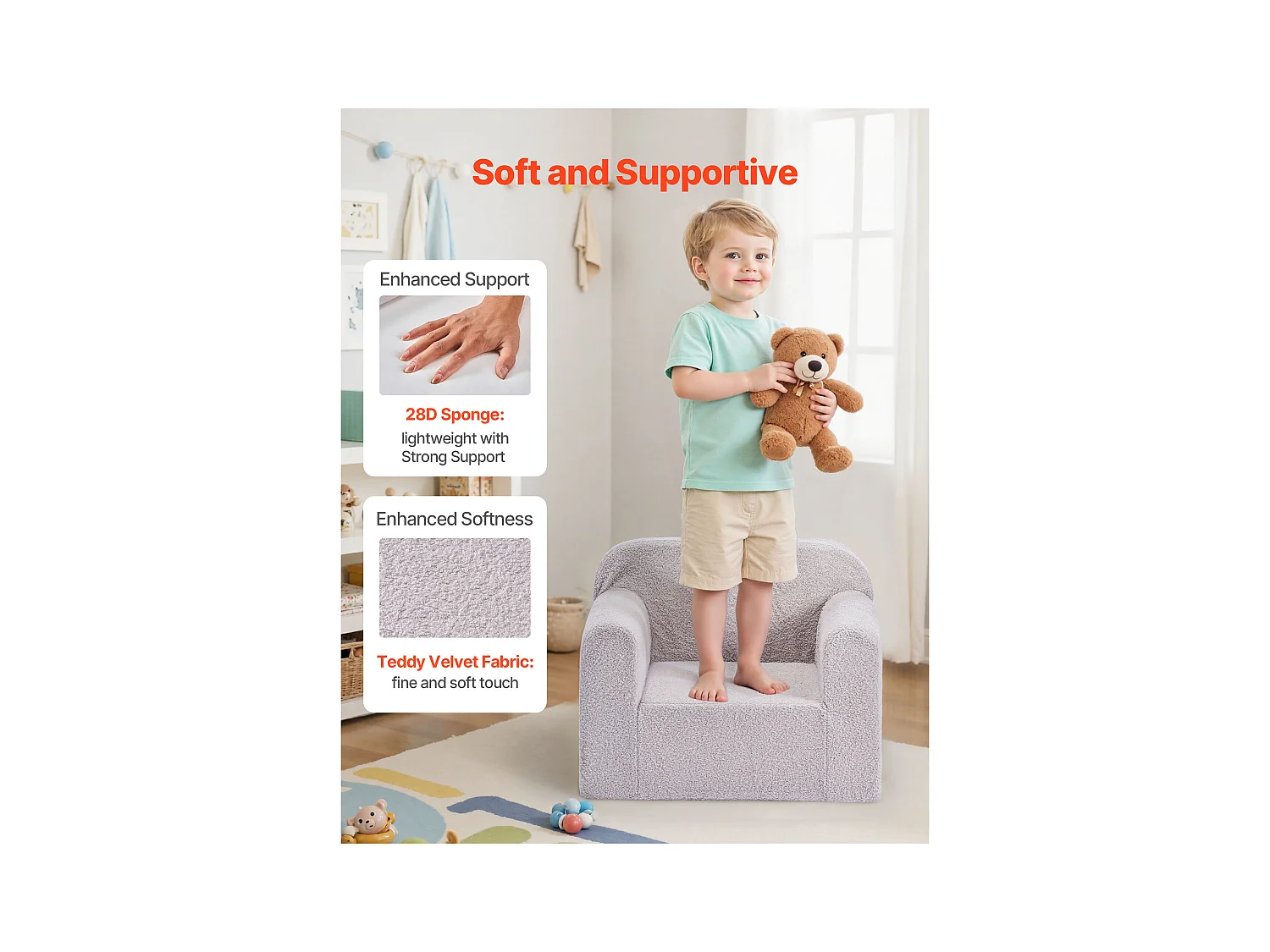 Fauteuil SucceBuy pour Enfants Confortable, Chaise Enfant en Mousse avec Accoudoirs et Poignée, Sofa Tout-petits Amovible, en Éponge 28D et Peluche