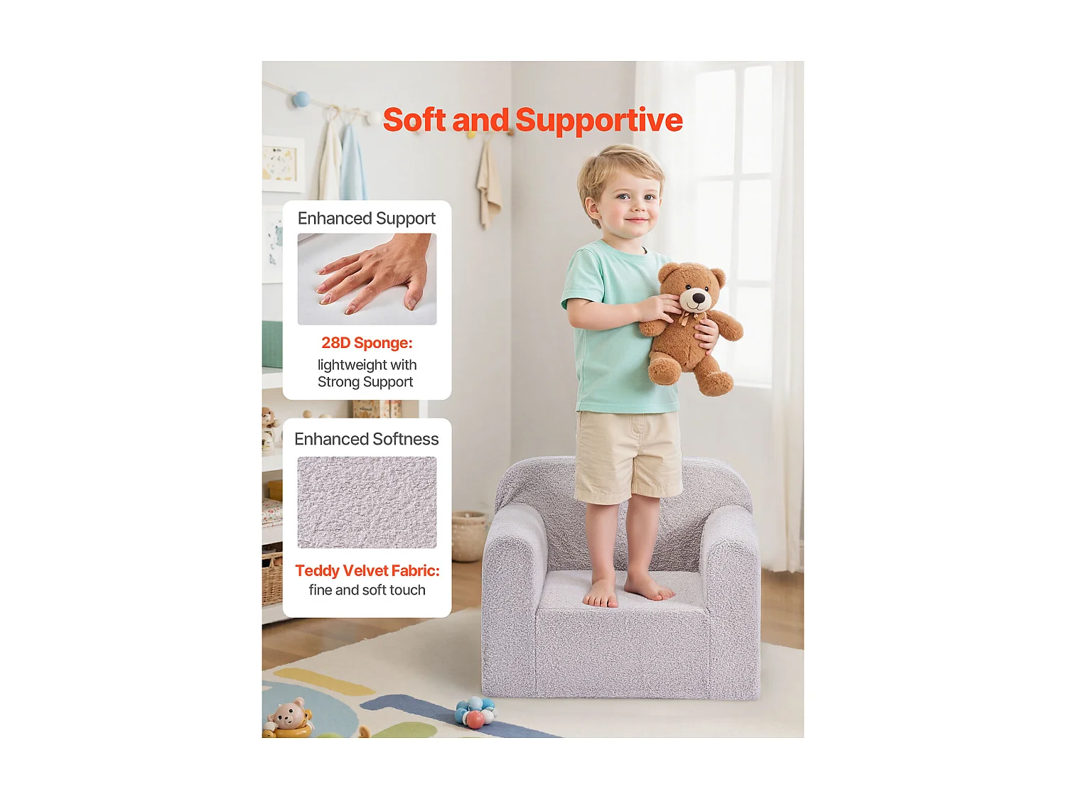 Fotel SucceBuy dla Dzieci Wygodny, Dziecięce Krzesło z Pianki z Podłokietnikami i Rączką, Sofa dla Maluchów Wyjmowana, z Gąbki 28D i Pluszu