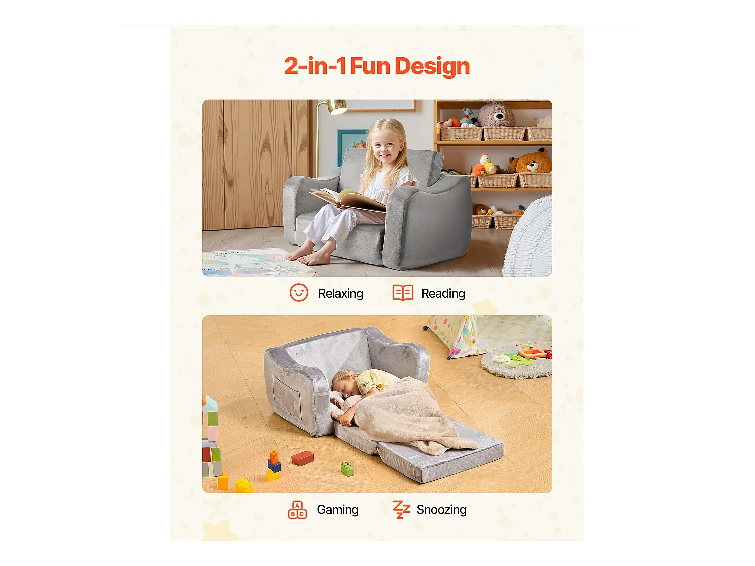 Kanapa SucceBuy dla Dzieci 2w1 Przekształcana w Leżankę, Składana i Miękka Sofa dla Maluchów, z Podłokietnikami, z Gąbki 28D i Krótkim Włosiem