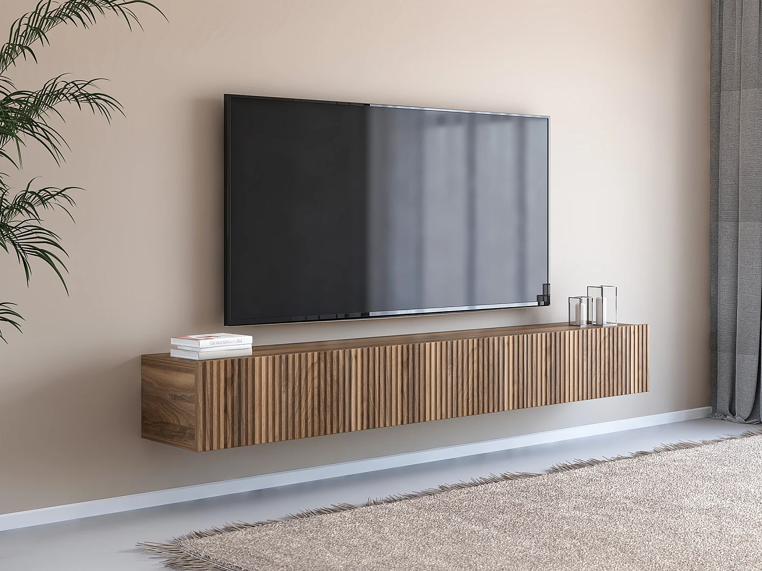 Meuble TV suspendu avec 3 portes - Naturel foncé - DANTAY