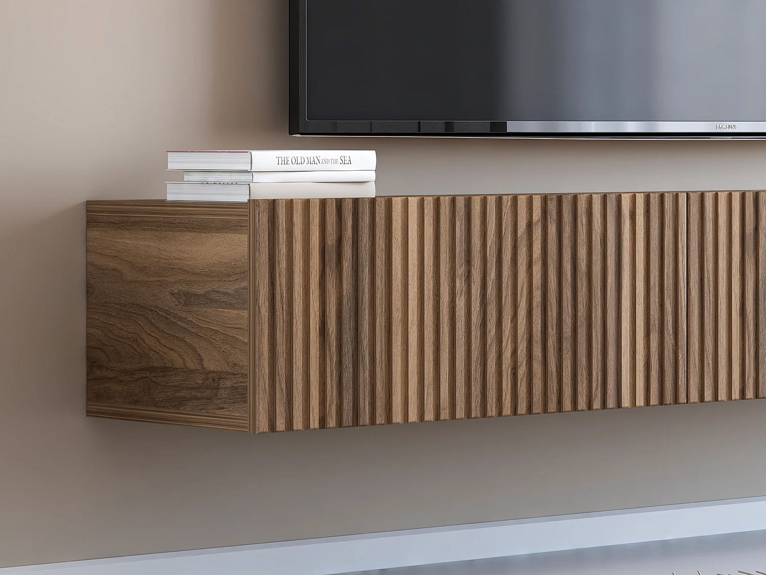 Meuble TV suspendu avec 3 portes - Naturel foncé - DANTAY