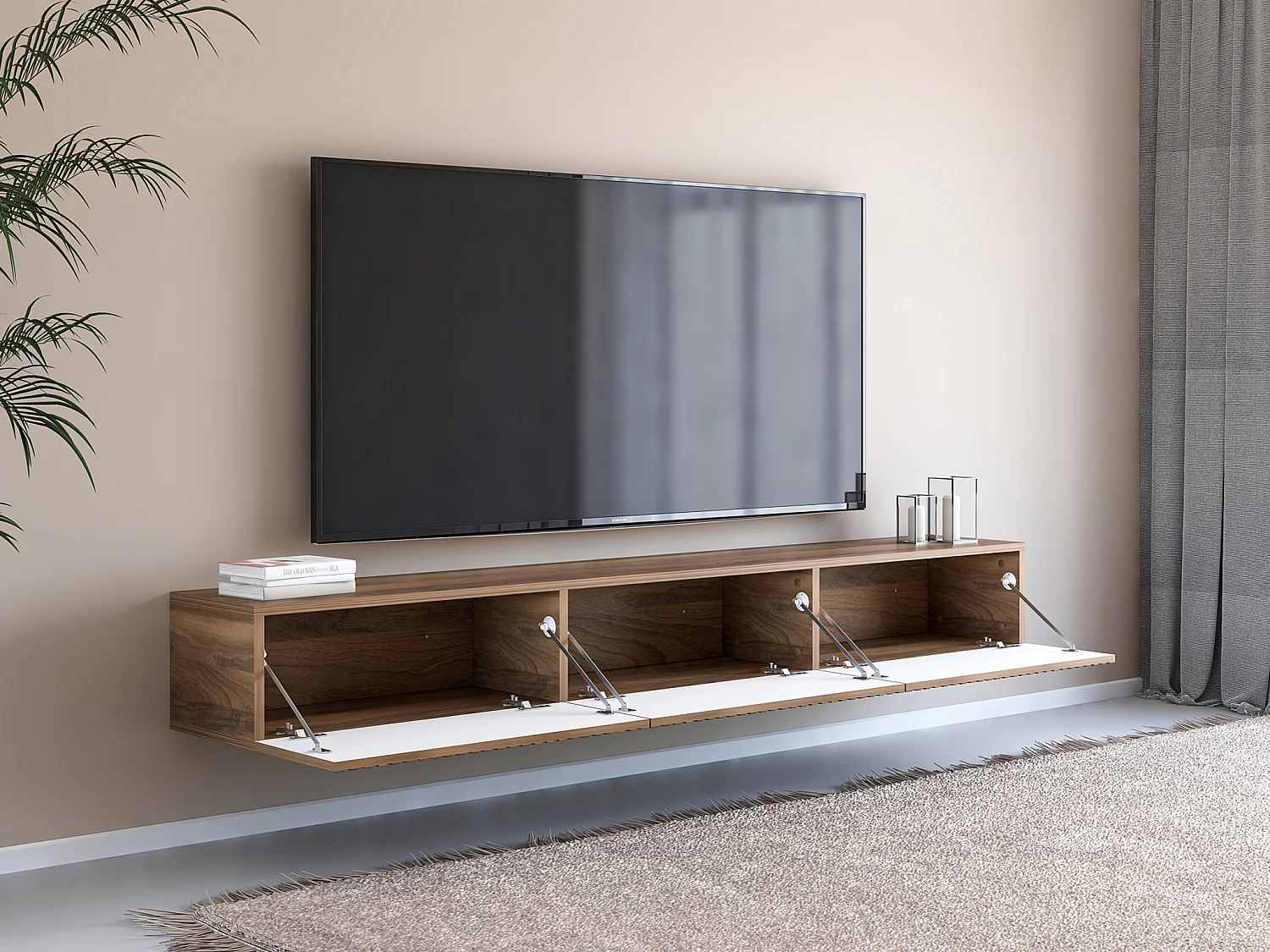 Meuble TV suspendu avec 3 portes - Naturel foncé - DANTAY