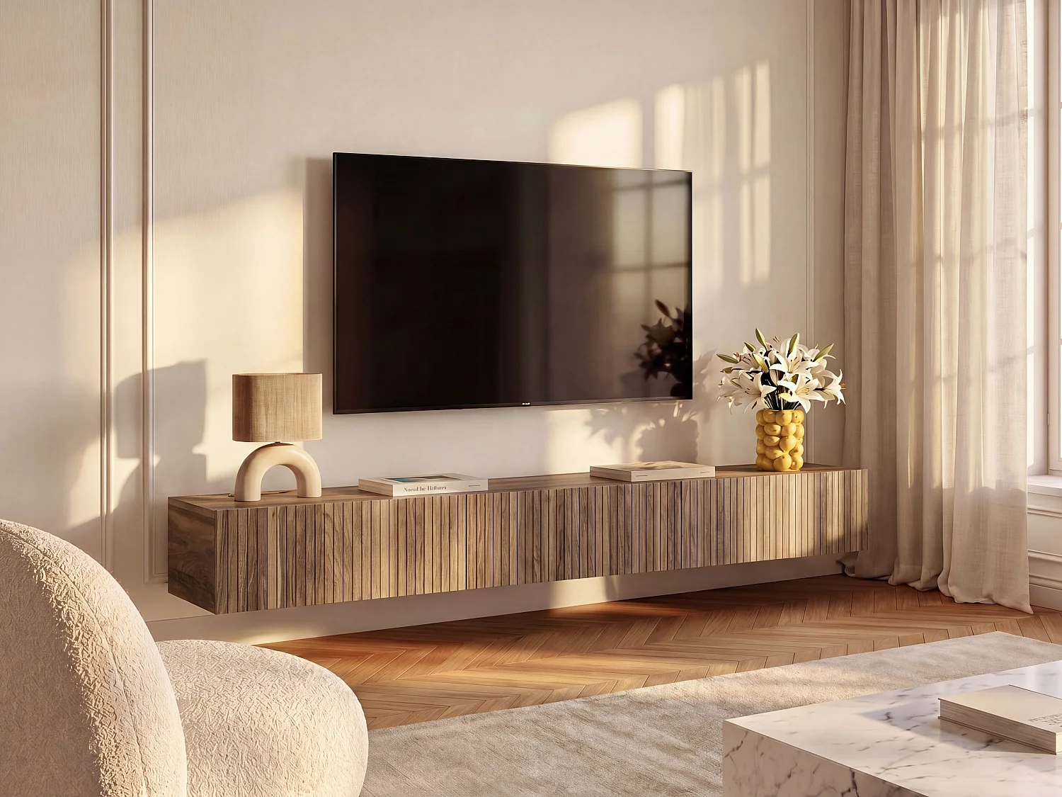 Hangend tv-meubel met 3 deuren - Donker naturel - DANTAY