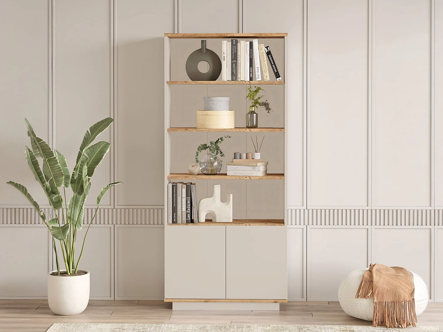 Bibliothèque avec 2 portes et 4 niches - Beige et naturel - LOTULA