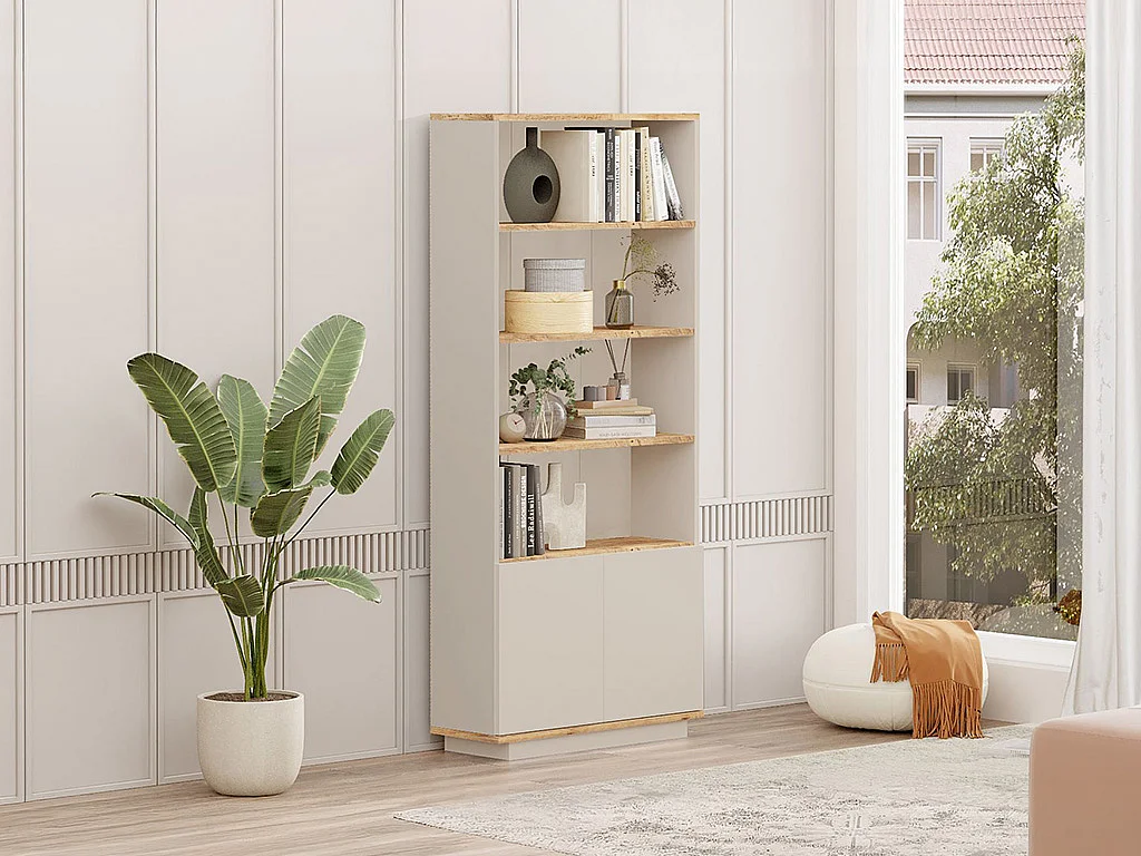 Bibliothèque avec 2 portes et 4 niches - Beige et naturel - LOTULA