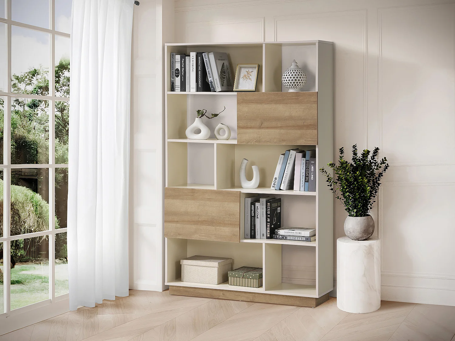 Bibliothèque avec 2 portes et 8 niches - Beige et naturel clair - CEVANIA