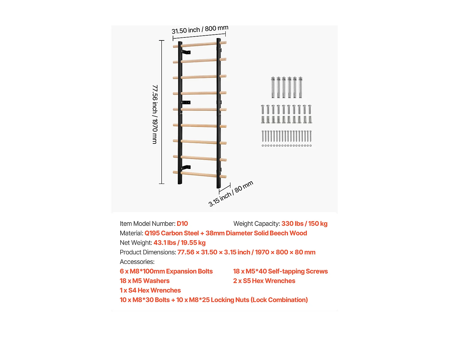 Espalier Murale SucceBuy en Bois Massif et Acier au Carbone 197x80 cm, Échelle Suédoise à 9 Niveaux, Capacité de Charge jusqu'à 150 kg, Idéal pour l'Escalade