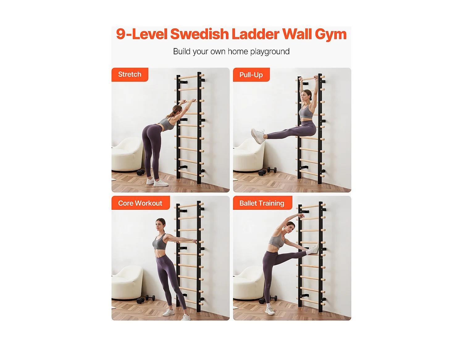 Espalier Murale SucceBuy en Bois Massif et Acier au Carbone 197x80 cm, Échelle Suédoise à 9 Niveaux, Capacité de Charge jusqu'à 150 kg, Idéal pour l'Escalade