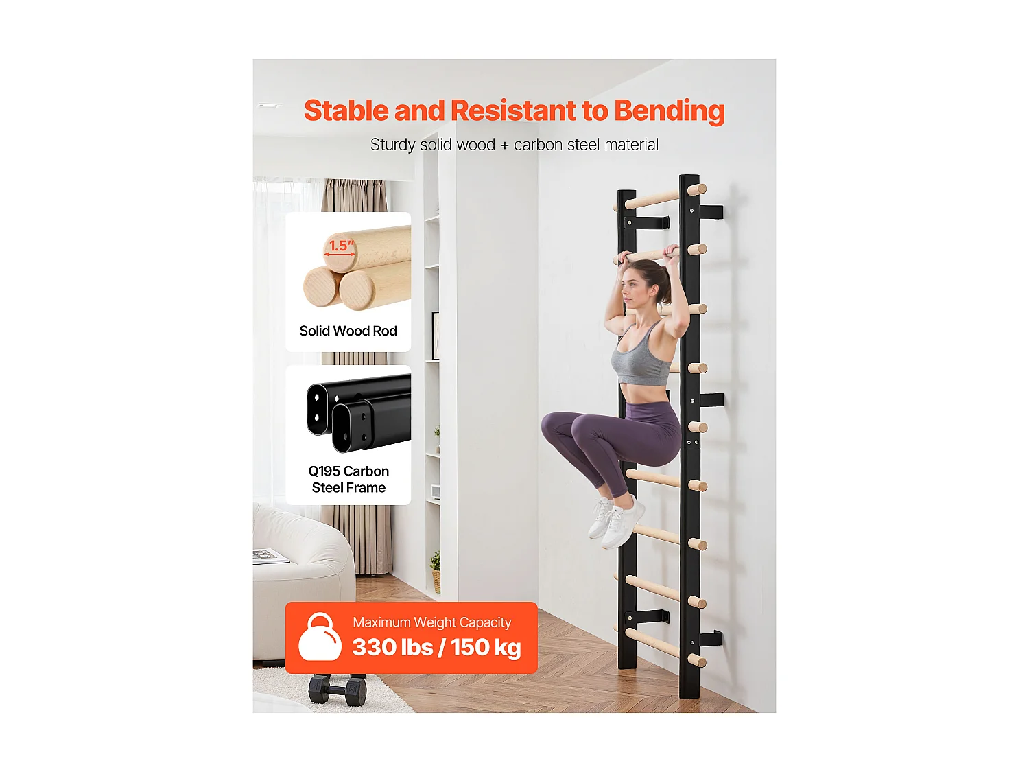 Espalier Murale SucceBuy en Bois Massif et Acier au Carbone 197x80 cm, Échelle Suédoise à 9 Niveaux, Capacité de Charge jusqu'à 150 kg, Idéal pour l'Escalade