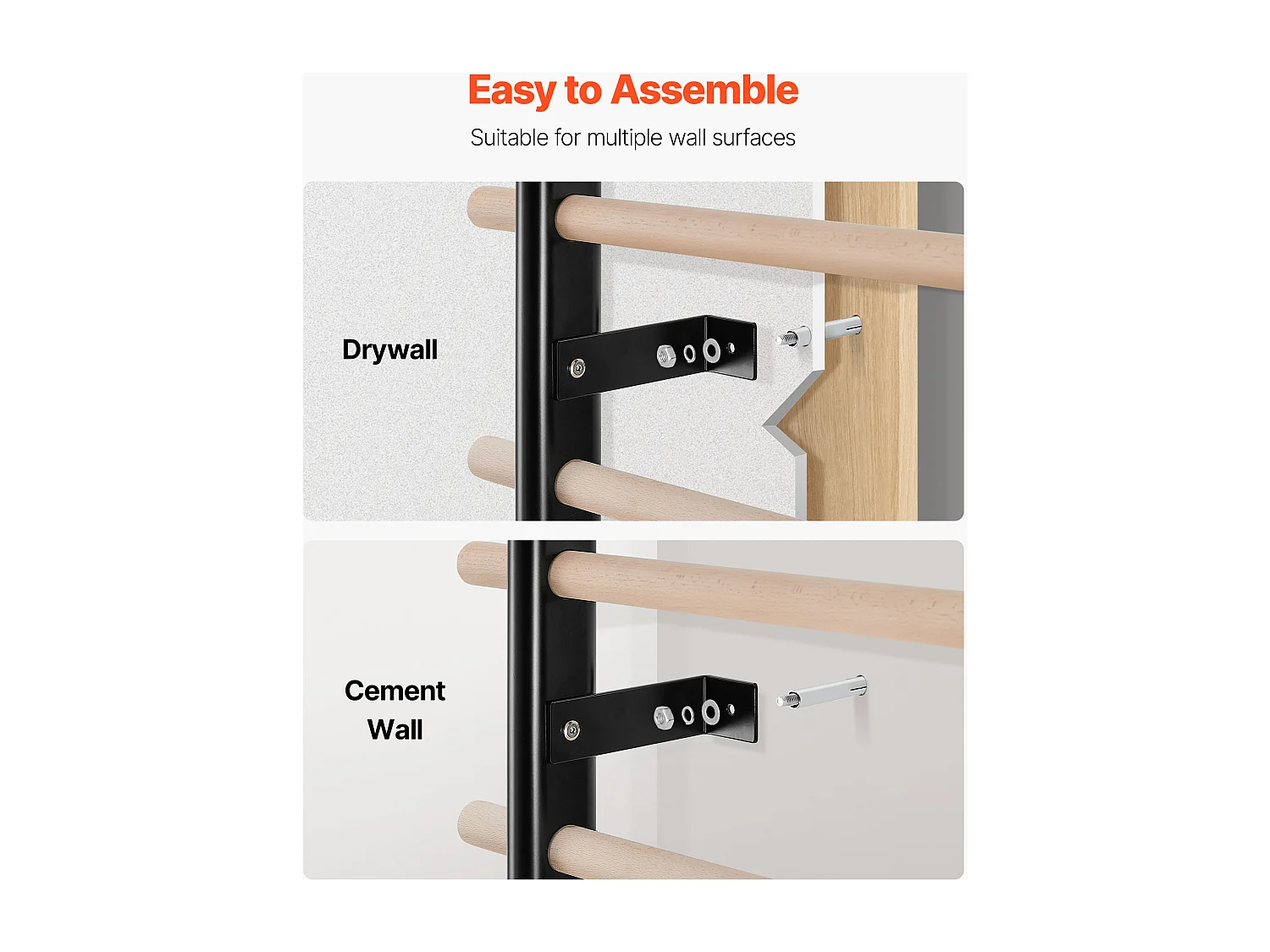 Espalier Murale SucceBuy en Bois Massif et Acier au Carbone 197x80 cm, Échelle Suédoise à 9 Niveaux, Capacité de Charge jusqu'à 150 kg, Idéal pour l'Escalade