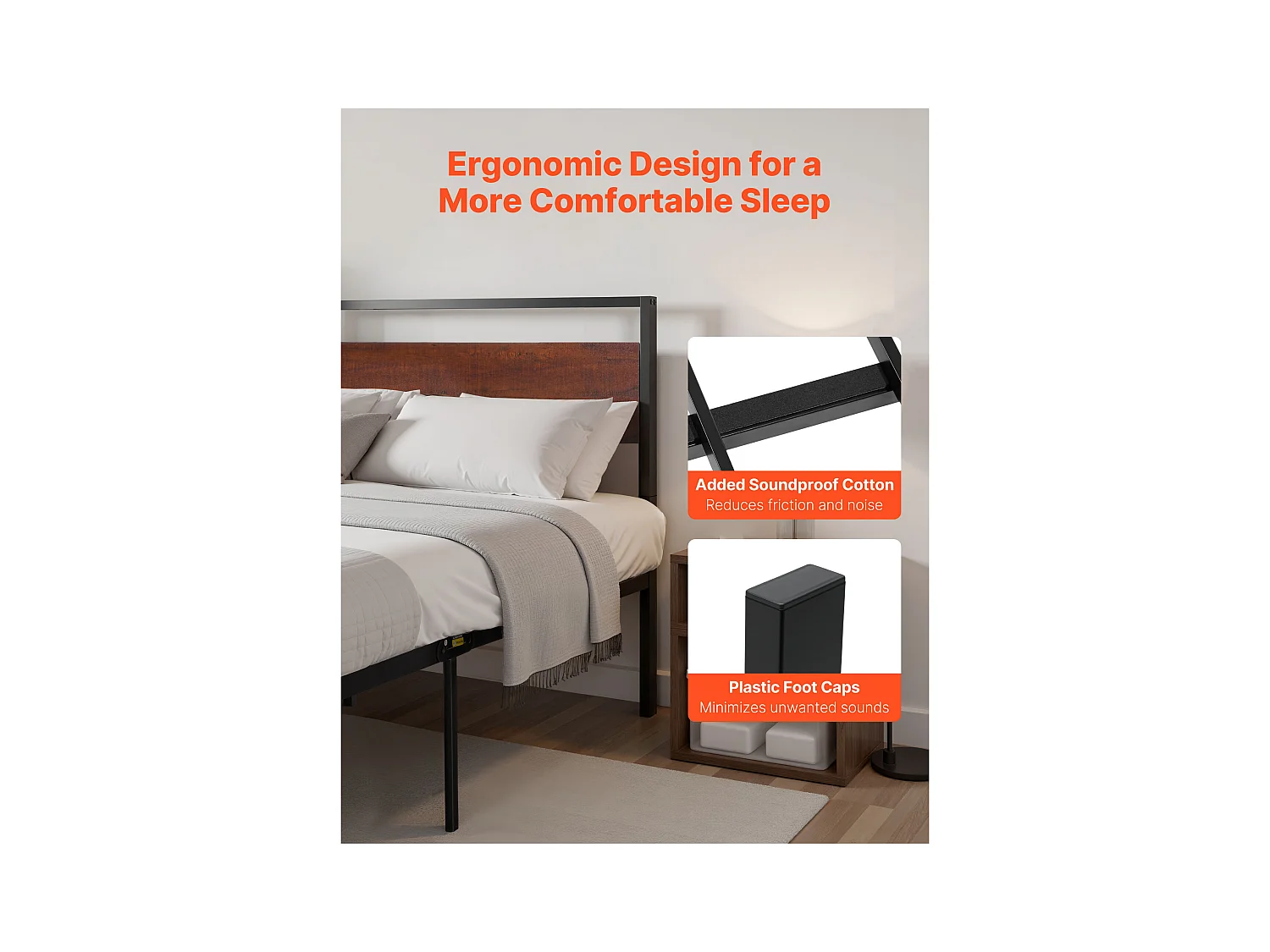 Bettgestell SucceBuy Queen Size, Plattformbettgestell aus Schwarz Metall, 31 cm Freiraum, mit Kopfteil und Fußteil aus Retro Braunem Holz, Großer Stauraum