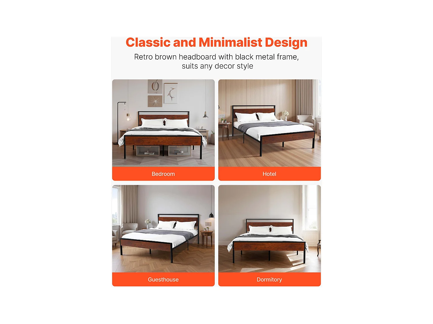 Bettgestell SucceBuy Queen Size, Plattformbettgestell aus Schwarz Metall, 31 cm Freiraum, mit Kopfteil und Fußteil aus Retro Braunem Holz, Großer Stauraum