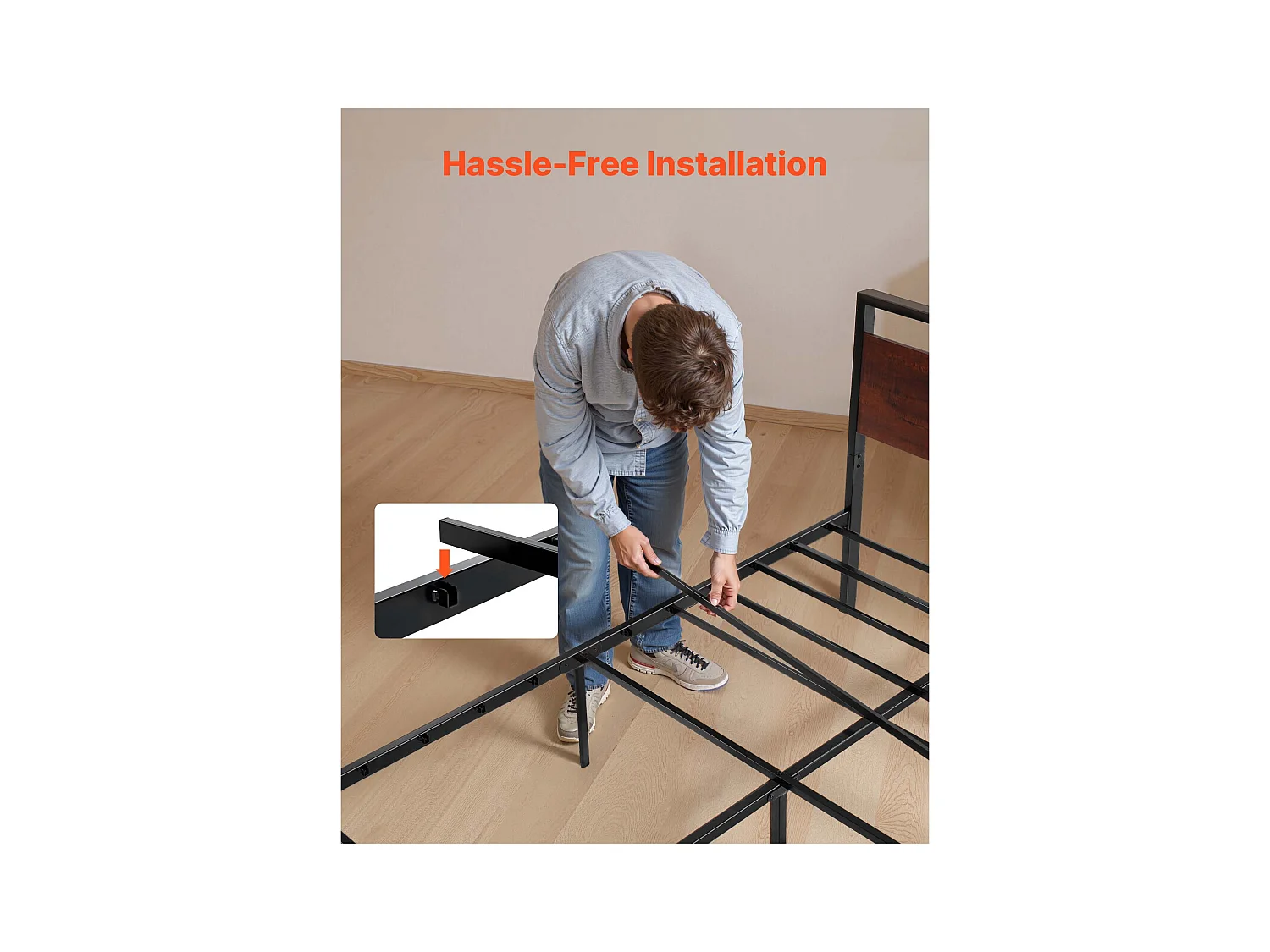 Bettgestell SucceBuy Queen Size, Plattformbettgestell aus Schwarz Metall, 31 cm Freiraum, mit Kopfteil und Fußteil aus Retro Braunem Holz, Großer Stauraum