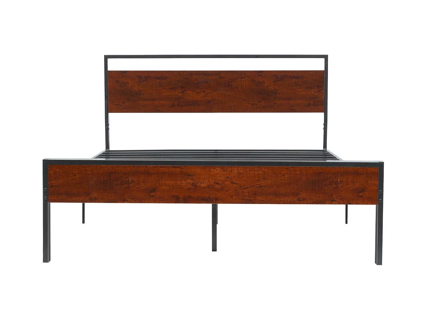 Bettgestell SucceBuy Queen Size, Plattformbettgestell aus Schwarz Metall, 31 cm Freiraum, mit Kopfteil und Fußteil aus Retro Braunem Holz, Großer Stauraum
