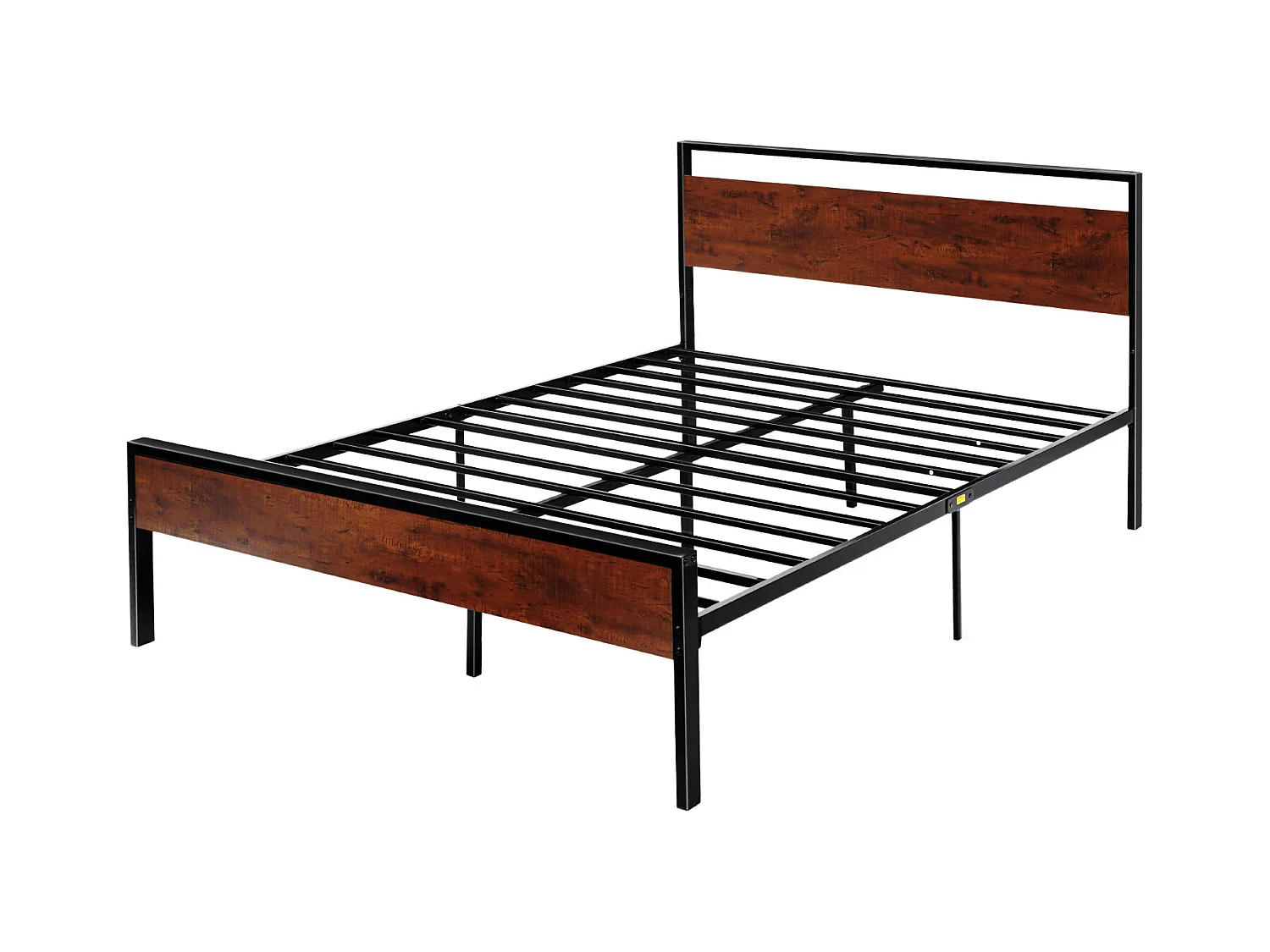 Rama Łóżka SucceBuy Queen Size, Stelaż Łóżka Platformowego z Czarnego Metalu, Prześwit 31 cm, z Wezgłowiem i Stopami z Retro Brązowego Drewna